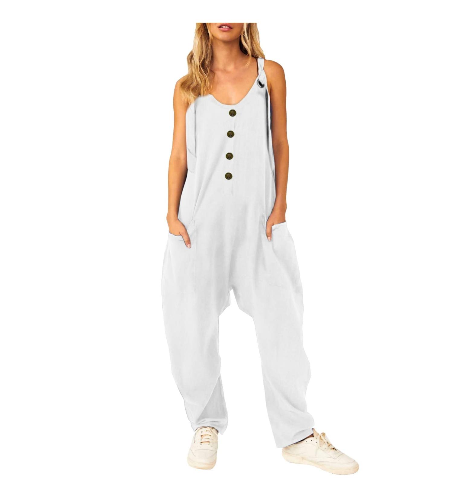 WILLBEST Womens Wrap Sleeveless Jumpsuits Playsuit Smocked Straps Fit And Flare Long Pant Jumper Rompers with Pockets 4022-oyvsw-white-3 S - Buy Online on SooperMarket.com