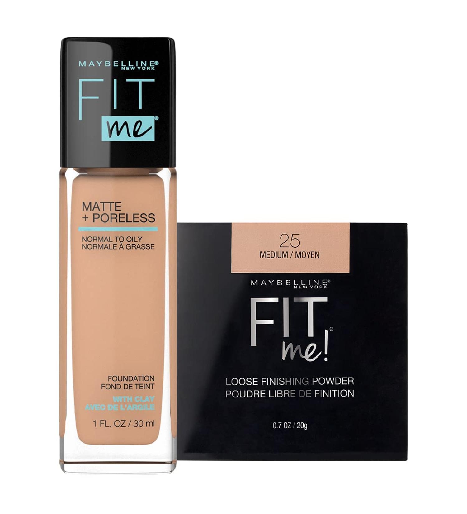 Maybelline New York Fit Me Matte + Poreless Liquid Foundation Makeup Sun Beige 1 fl. oz. and Loose Finishing Powder Medium 0.7 Oz - Buy Online on SooperMarket.com