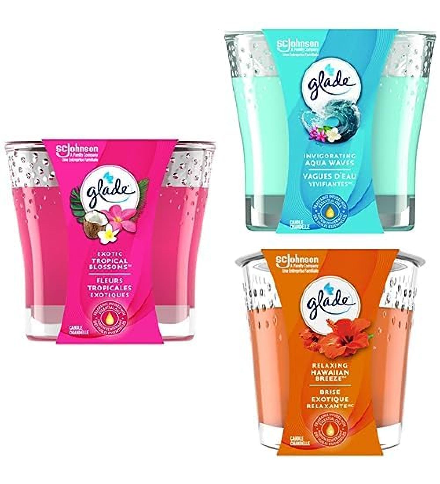 Glade Scented 1-Wick Candle Air Freshener Infused with Essential Oils for Home Fragrance Exotic Tropical Blossoms Hawaiian Breeze and Blue Odyssey