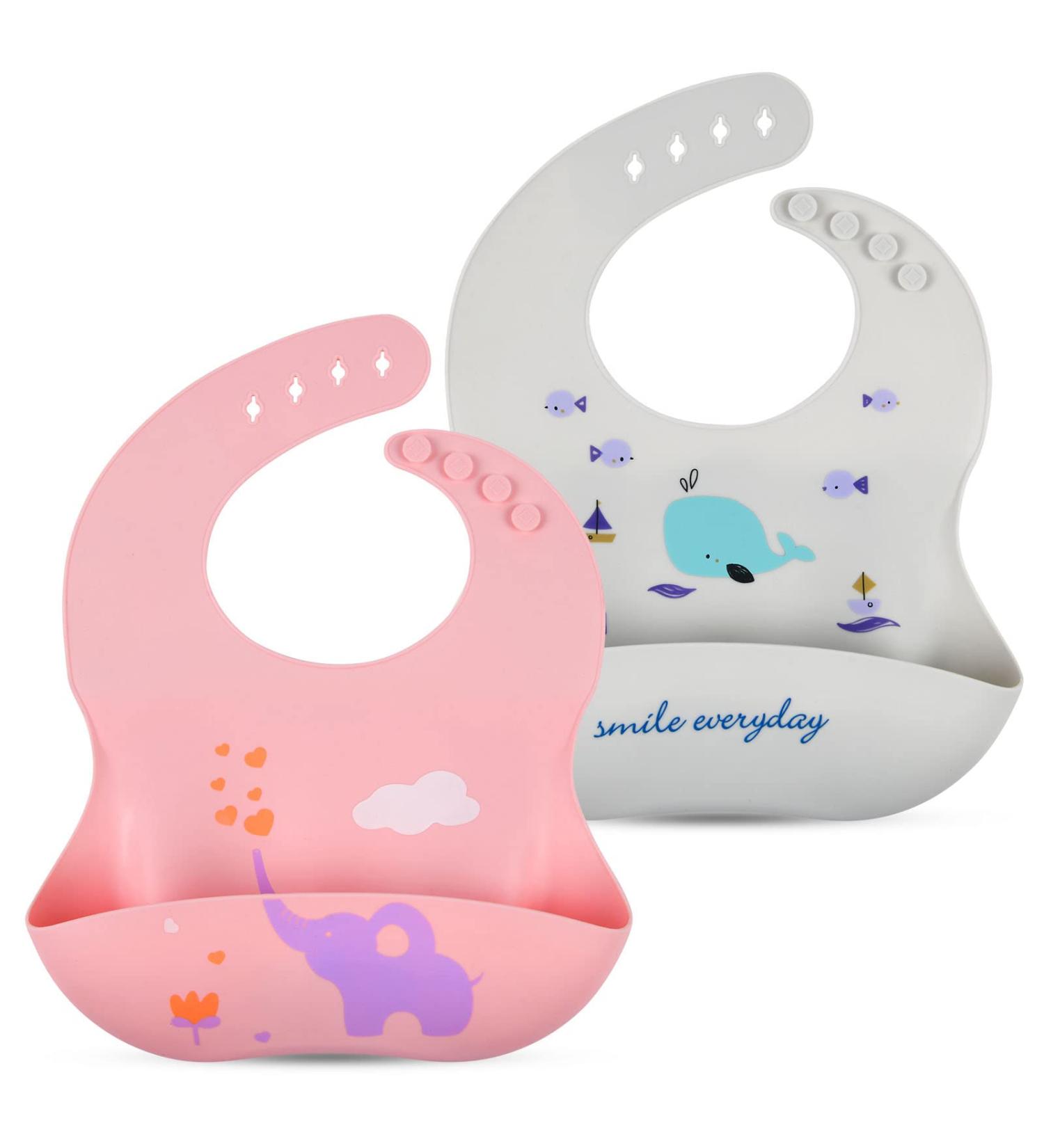 Vicloon Silicone Baby Bib 2PCS Baby Weaning Bibs Waterproof Baby Feeding Bibs Adjustable with Wide Food Catcher Pocket Unisex Toddler Bibs (Pink-Grey) - Buy Online on SooperMarket.com