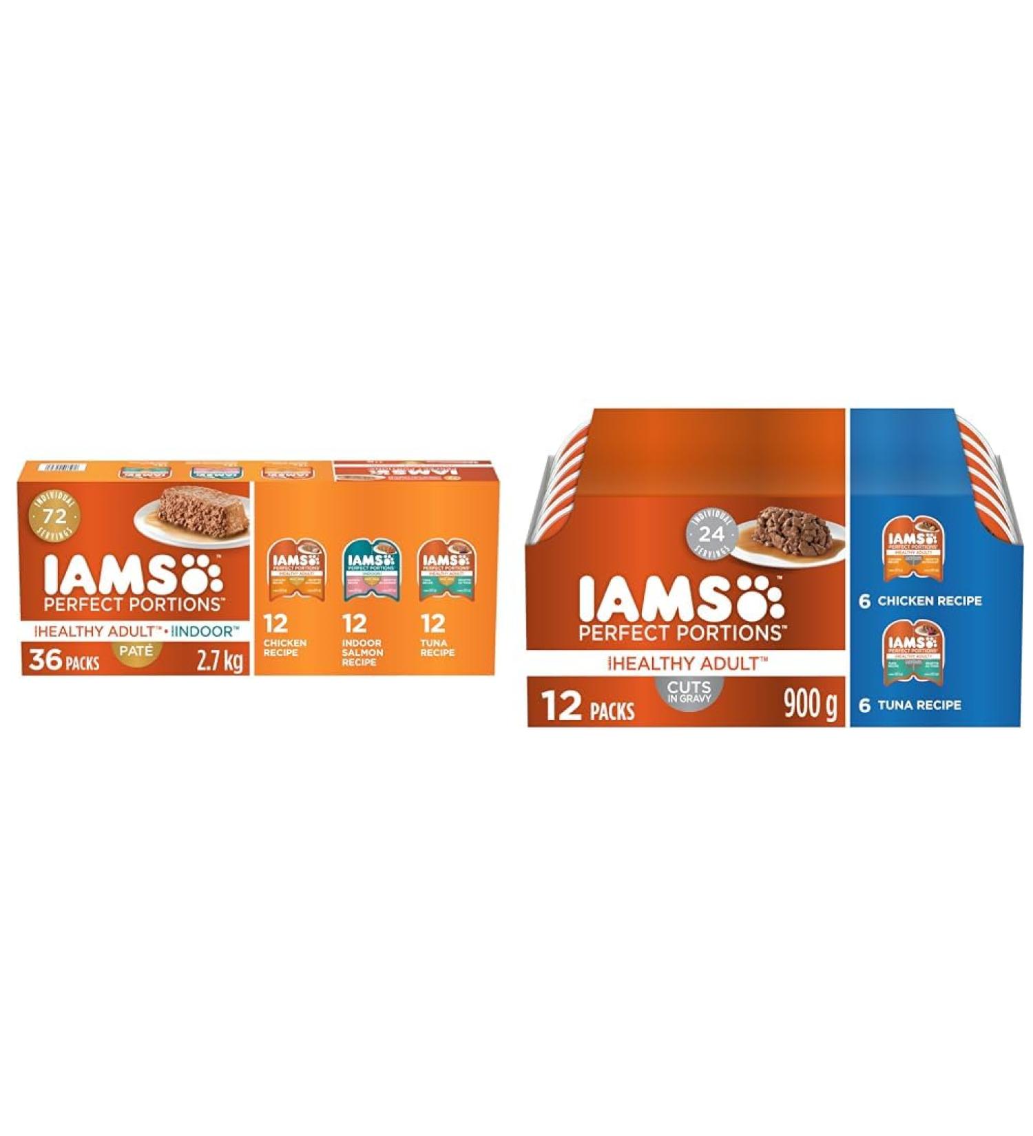 IAMS PERFECT PORTIONS Healthy Adult Wet Cat Food Pat and Cuts in Gravy Variety Bundle | Chicken Tuna Indoor Salmon and Chicken + Tuna Cuts Cat Food + Chicken and Tuna 12CT - Buy Online on SooperMarket.com
