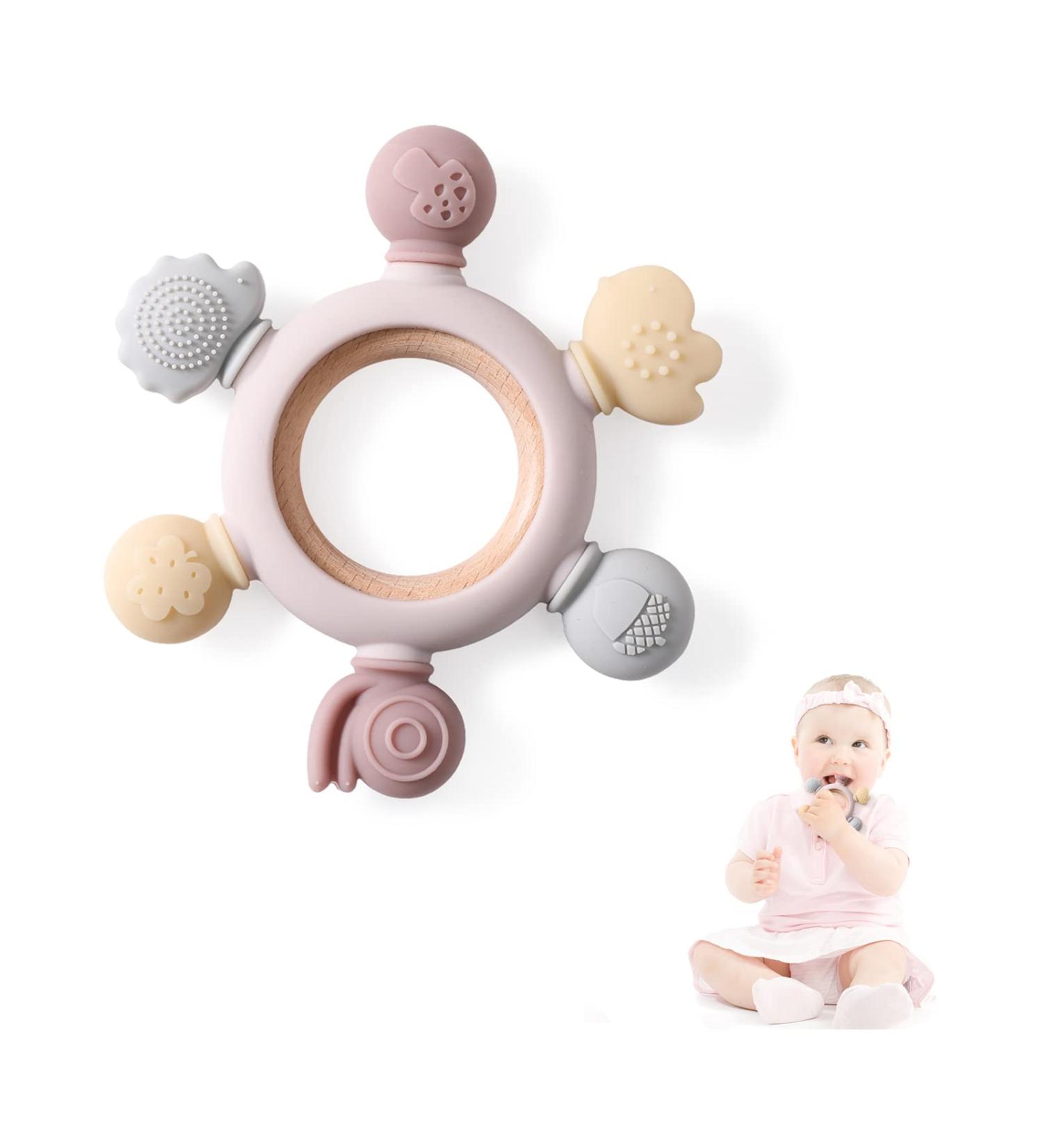 Bopoobo Silicone Rudder Teether Toy with Wooden Ring for Babies | Soothing Teething Toy for 3-12 Months | Montessori Baby Chew Toy (Pink) - Buy Online on SooperMarket.com