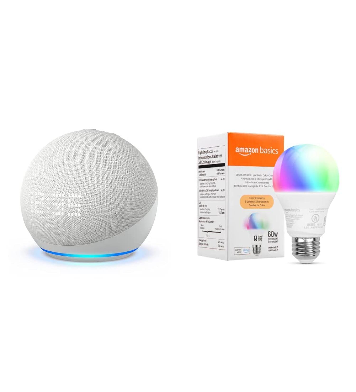 Echo Dot 5th Gen with Clock | Glacier White + Amazon Basics Smart Color Bulb - Buy Online on SooperMarket.com