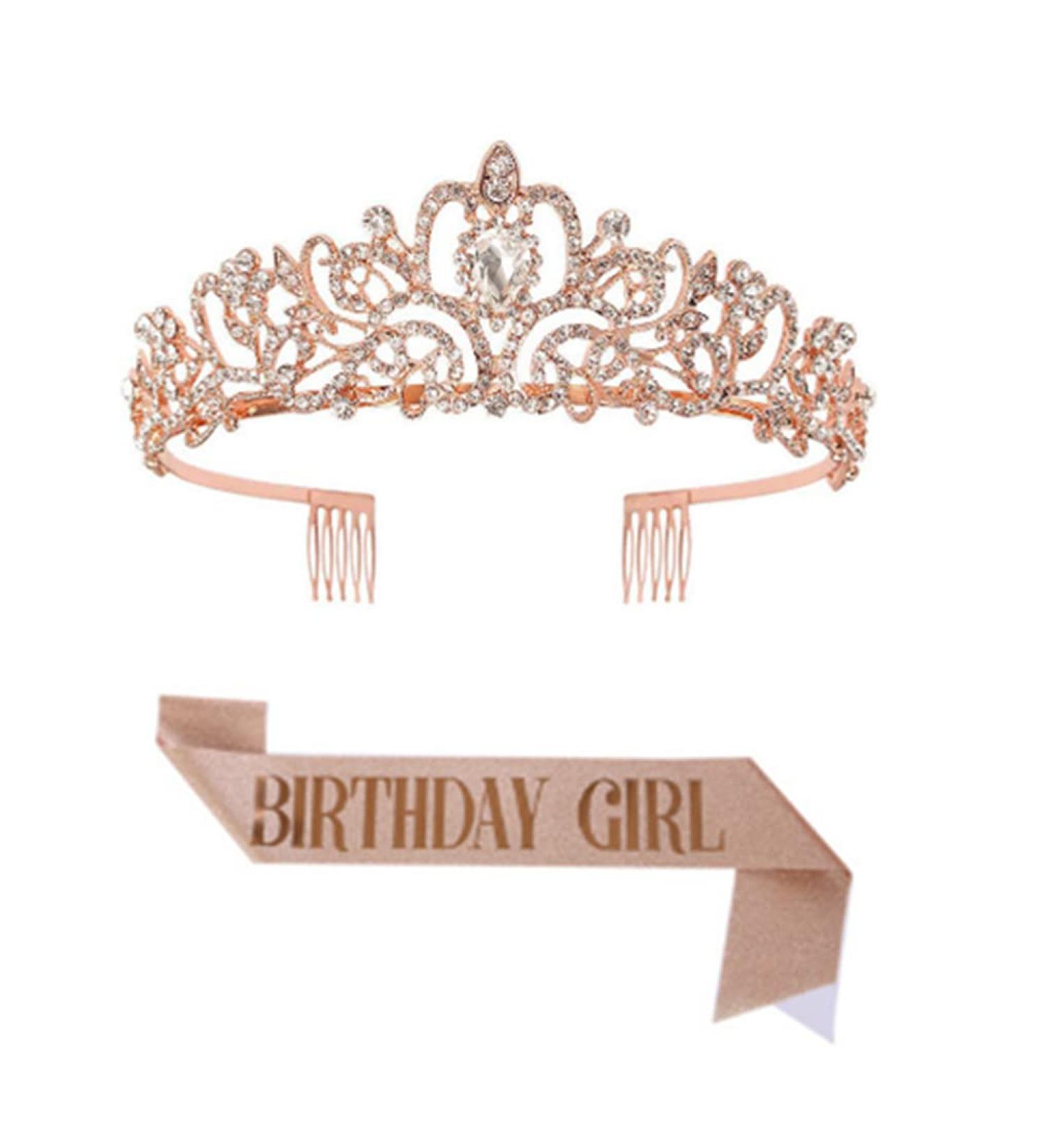 Birthday Queen Sash & Rhinestone Tiara Set - Rose Gold Bridal Crown Headpieces - Buy Online on SooperMarket.com