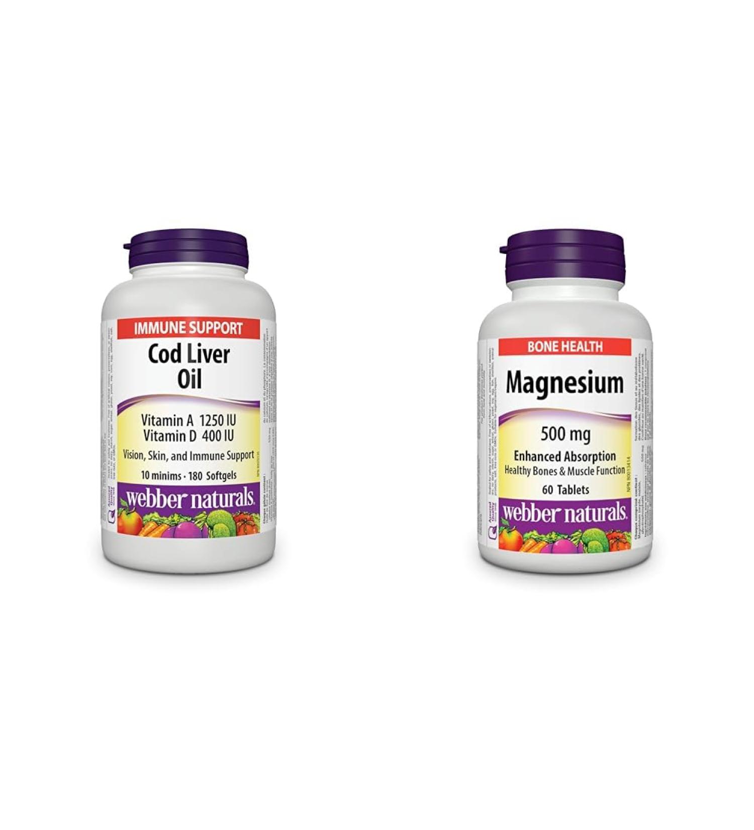 Webber Naturals Cod Liver Oil with Vitamin A and D3 180 Softgels Vision Skin and Immune Support & Magnesium 500 mg 60 Tablets Enhanced Absorption Mineral Supports Bone and Muscle Vitamin + Magnesium 500 mg - Buy Online on SooperMarket.com