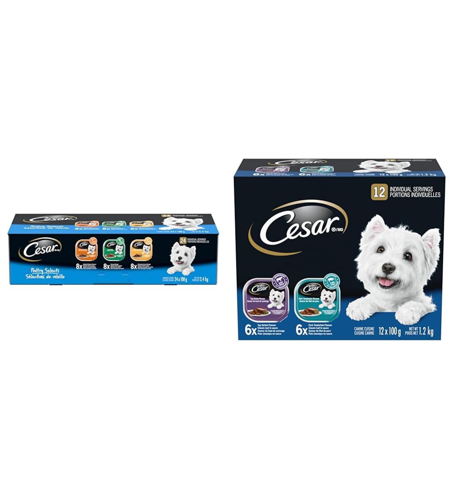 CESAR Classic Loaf in Sauce Adult Wet Dog Food Poultry Selects Variety Pack & Adult Wet Dog Food Classic Loaf in Sauce Entr es - Pork Tenderloin - Top Sirloin 100g Tray (12 Pack) - Buy Online on SooperMarket.com