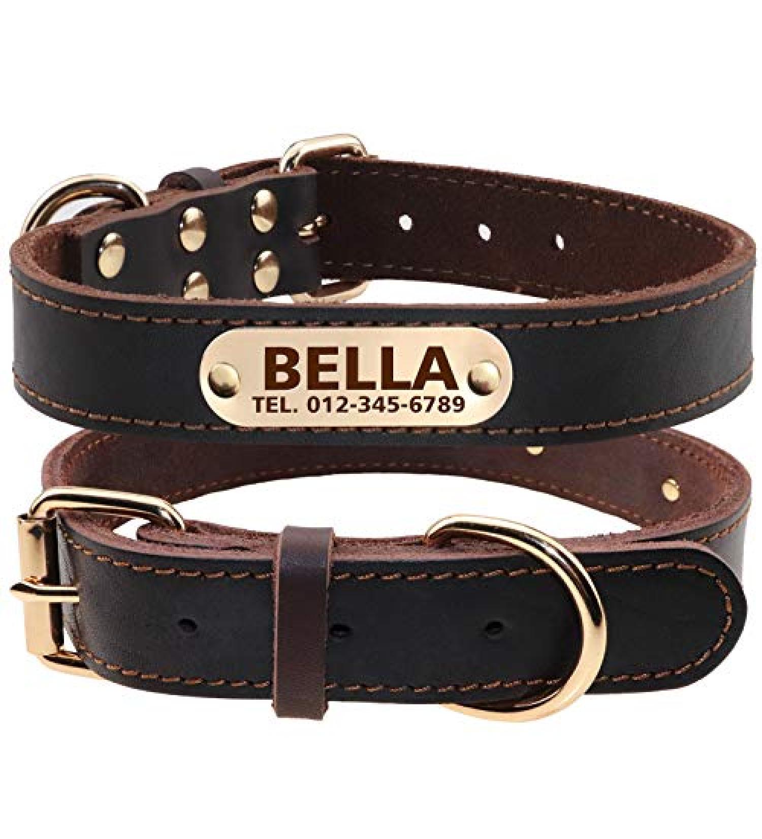 Tagme Personalized Leather Dog Collar for Medium & Large Dogs - Custom Engraved Name & Phone Number - Brown (L) - Durable & Stylish - Buy Online on SooperMarket.com