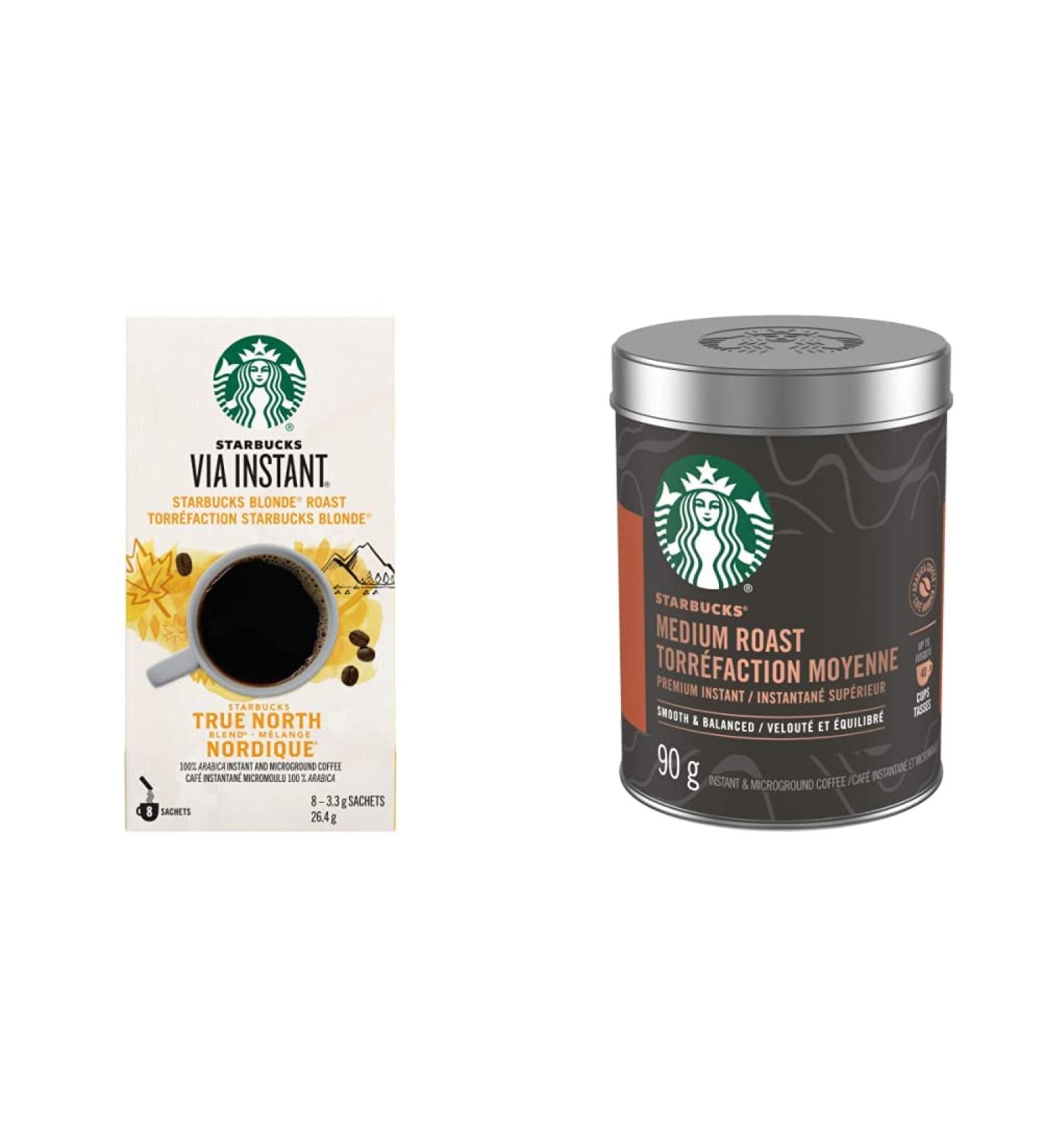 Starbucks Via Instant True North Blend Blonde Roast Coffee 8 Count & Medium Roast Premium Instant Coffee 90 g