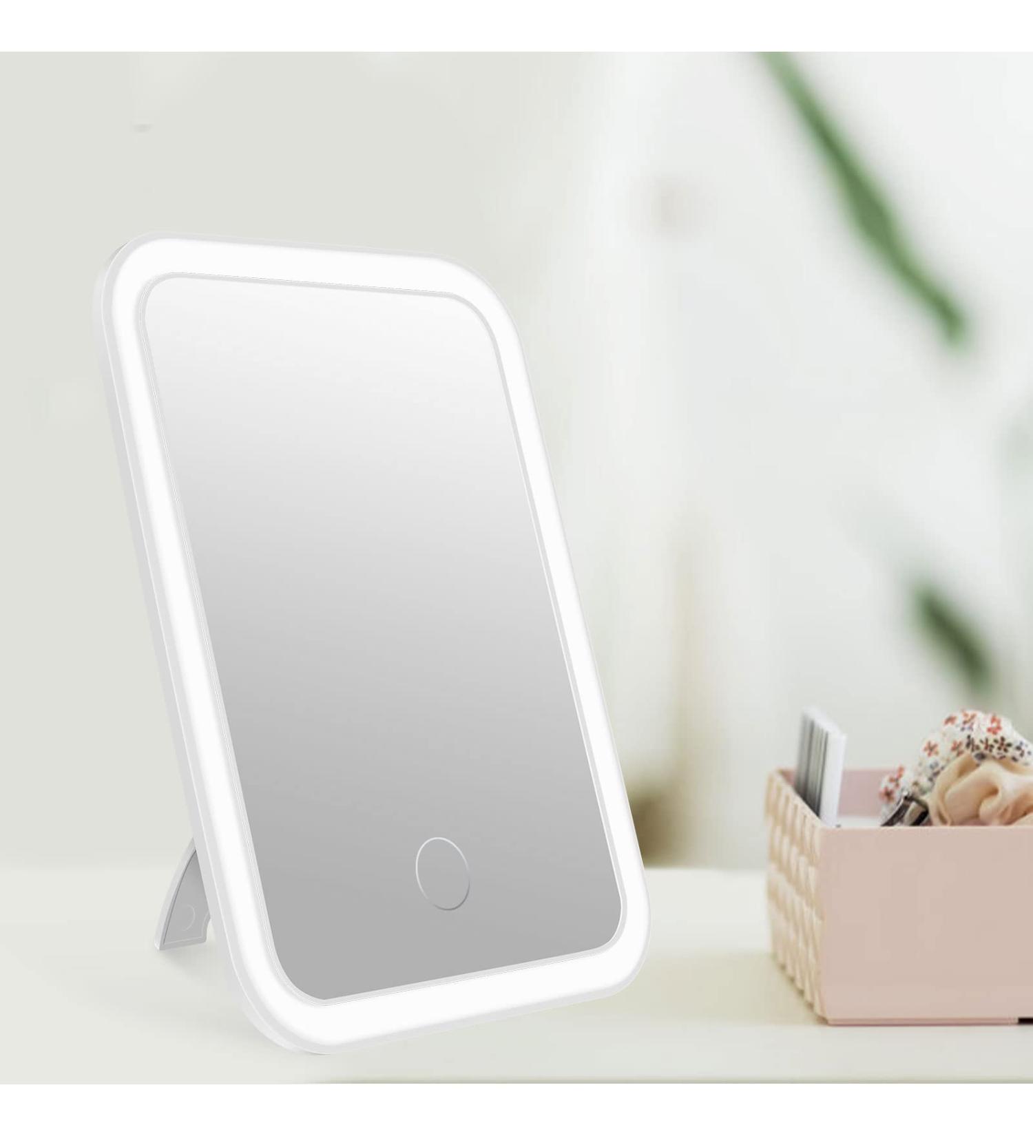 Touch Screen LED Makeup Mirror | 3 Colors Dimmable | Rechargeable USB | Portable Vanity Mirror for Travel | Cosmetic Mirror for Girls - Buy Online on SooperMarket.com