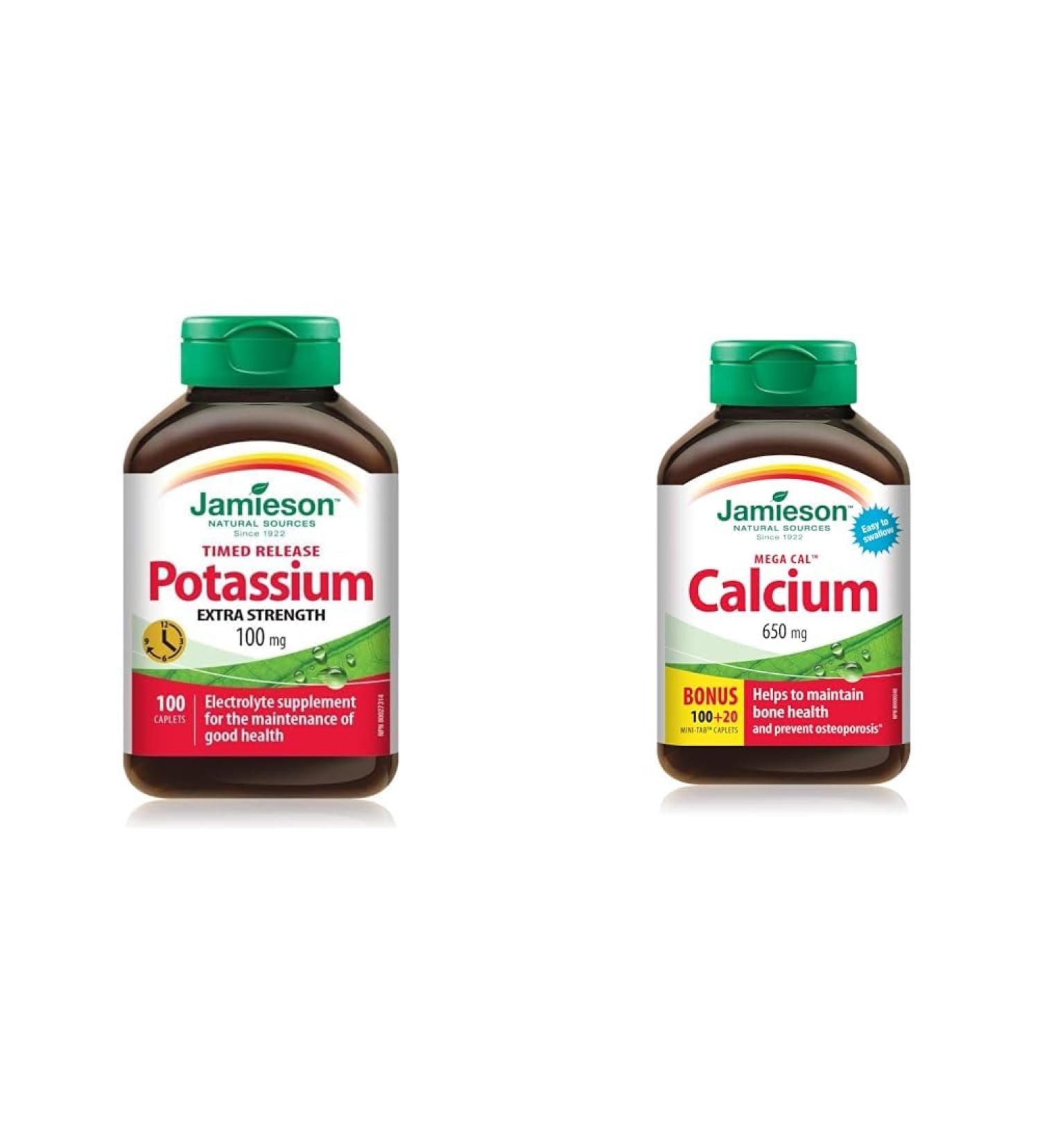 Jamieson Potassium 100mg 100 Caplets & MegaCal Calcium 650mg 100+20 Tablets Mineral Supplement+ Calcium 650mg - Buy Online on SooperMarket.com