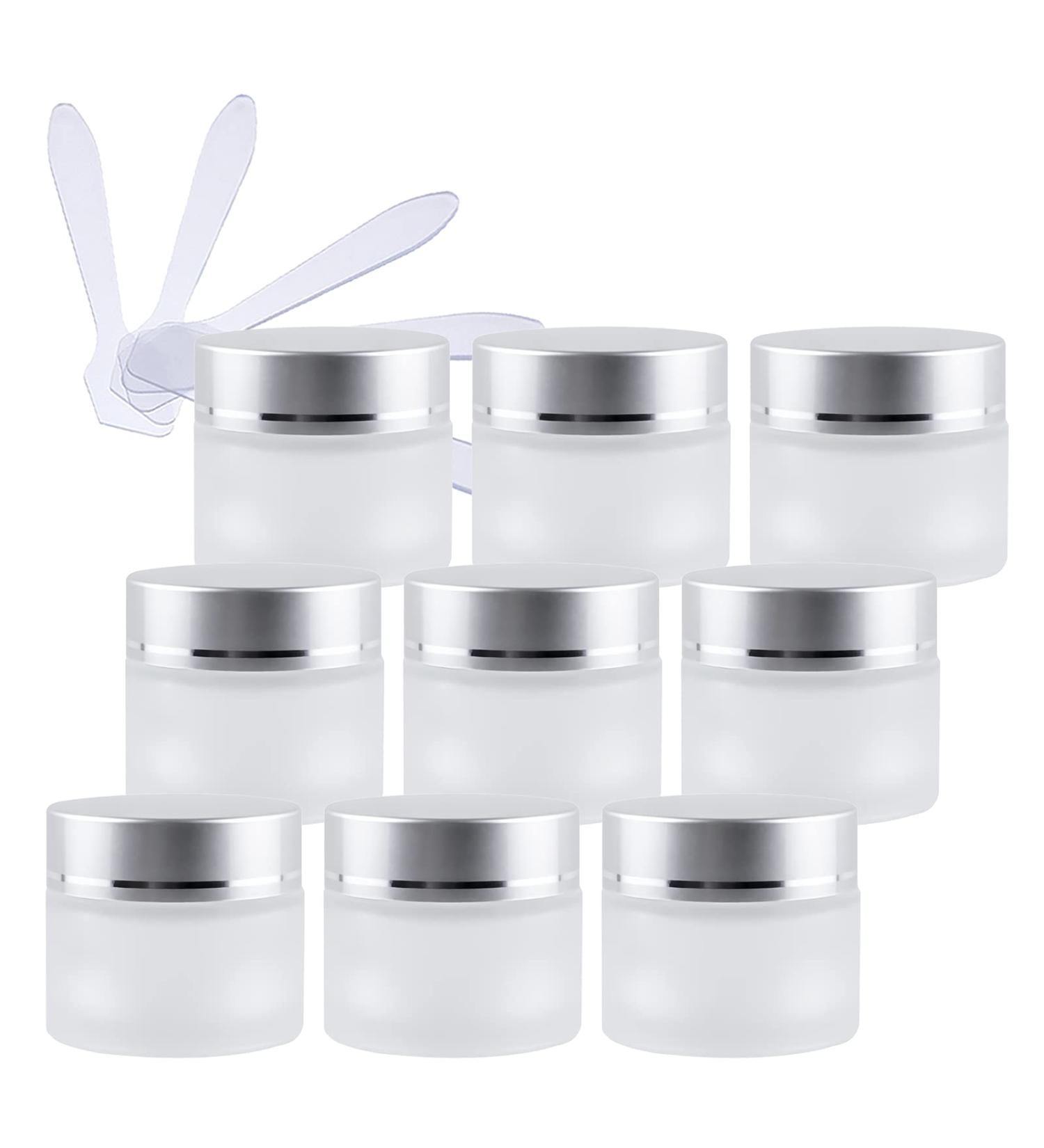 Zeoabsy 12 Pack 10ml Empty Matte Transparent Glass Cream Cans with Silver Lids - Ideal for Gels Creams & Ointments + 12 Spatulas | International Shipping Available - Buy Online on SooperMarket.com
