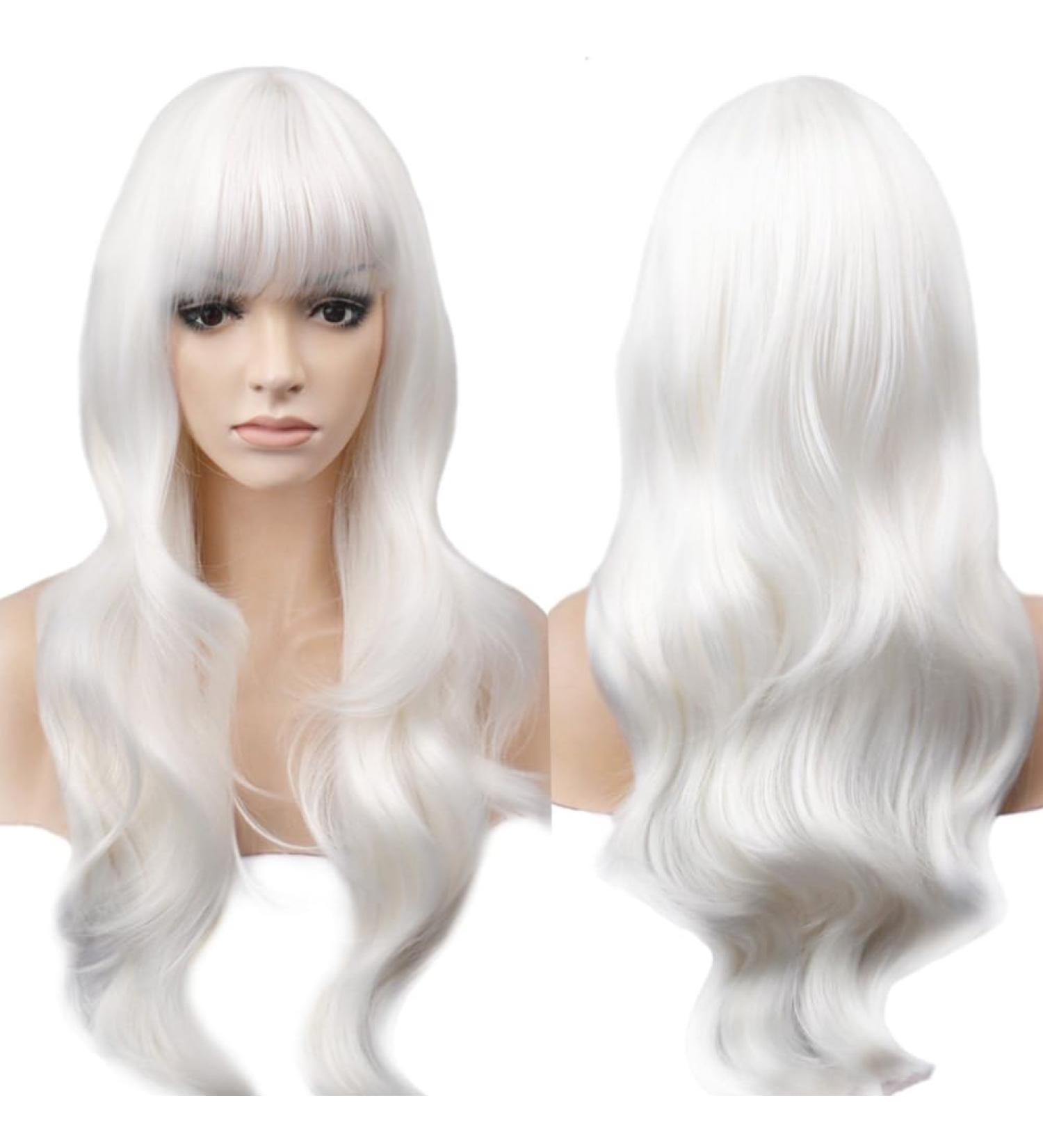 YEESHEDO 28 Long Wavy Curly White Wig with Fringe | Heat Resistant Synthetic Hair for Women - Perfect for Halloween, Cosplay, Anime & Snow White Costumes - Buy Online on SooperMarket.com