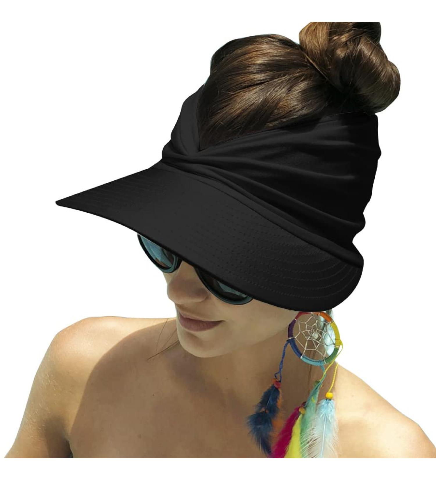 Mukeyo Women's Wide Brim Sun Visor Hat for UV Protection - Packable Ponytail Beach Cap in Black - Buy Online on SooperMarket.com