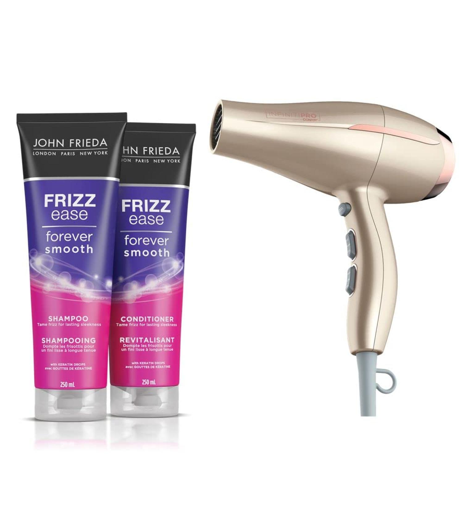 Conair InfinitiPRO Frizz Free Dryer and John Frieda Frizz Ease Forever Smooth Duo Shampoo & Conditioner for 72-hour humidity protection and long-lasting smoothness | 1875 watt dryer - Buy Online on SooperMarket.com