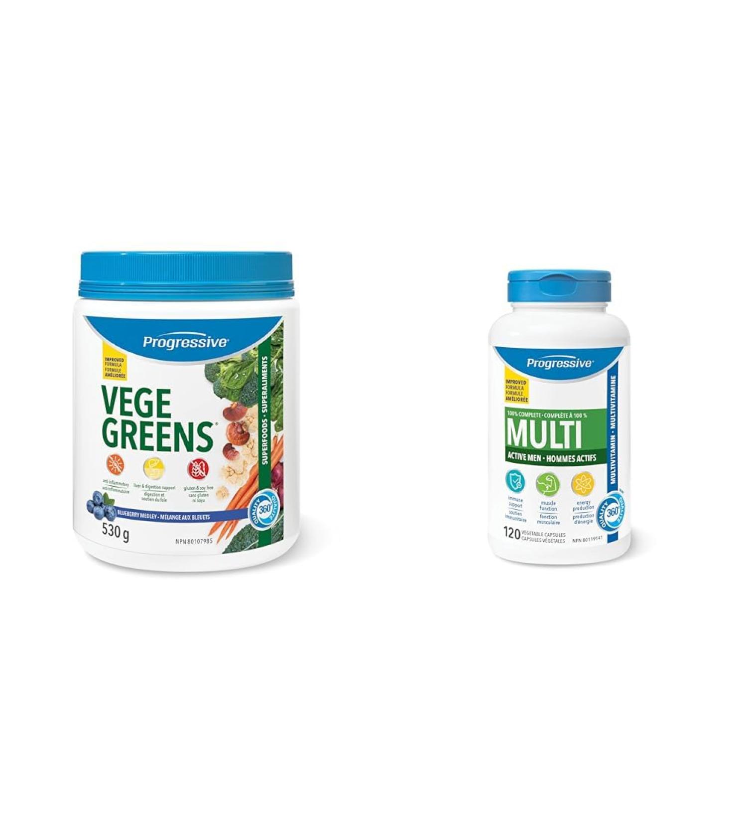 Progressive Vegegreens Blueberry Medley Flavour 530 g Anti-Inflammatory plus Liver & Digestion Support & Multivitamin for Active Men 120 Count With Ashwagandha & Siberian Ginseng - Buy Online on SooperMarket.com
