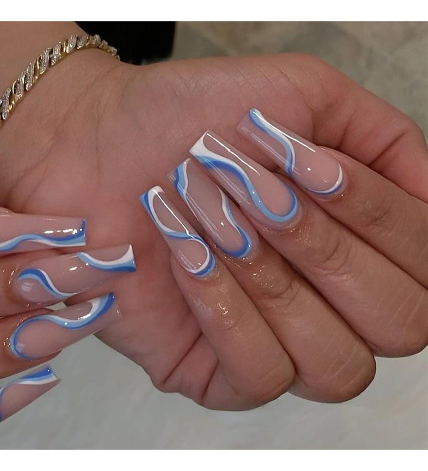 Blue Swirls Coffin Fake Nails - Glossy Acrylic Long Press on Nails for Women - Buy Online on SooperMarket.com
