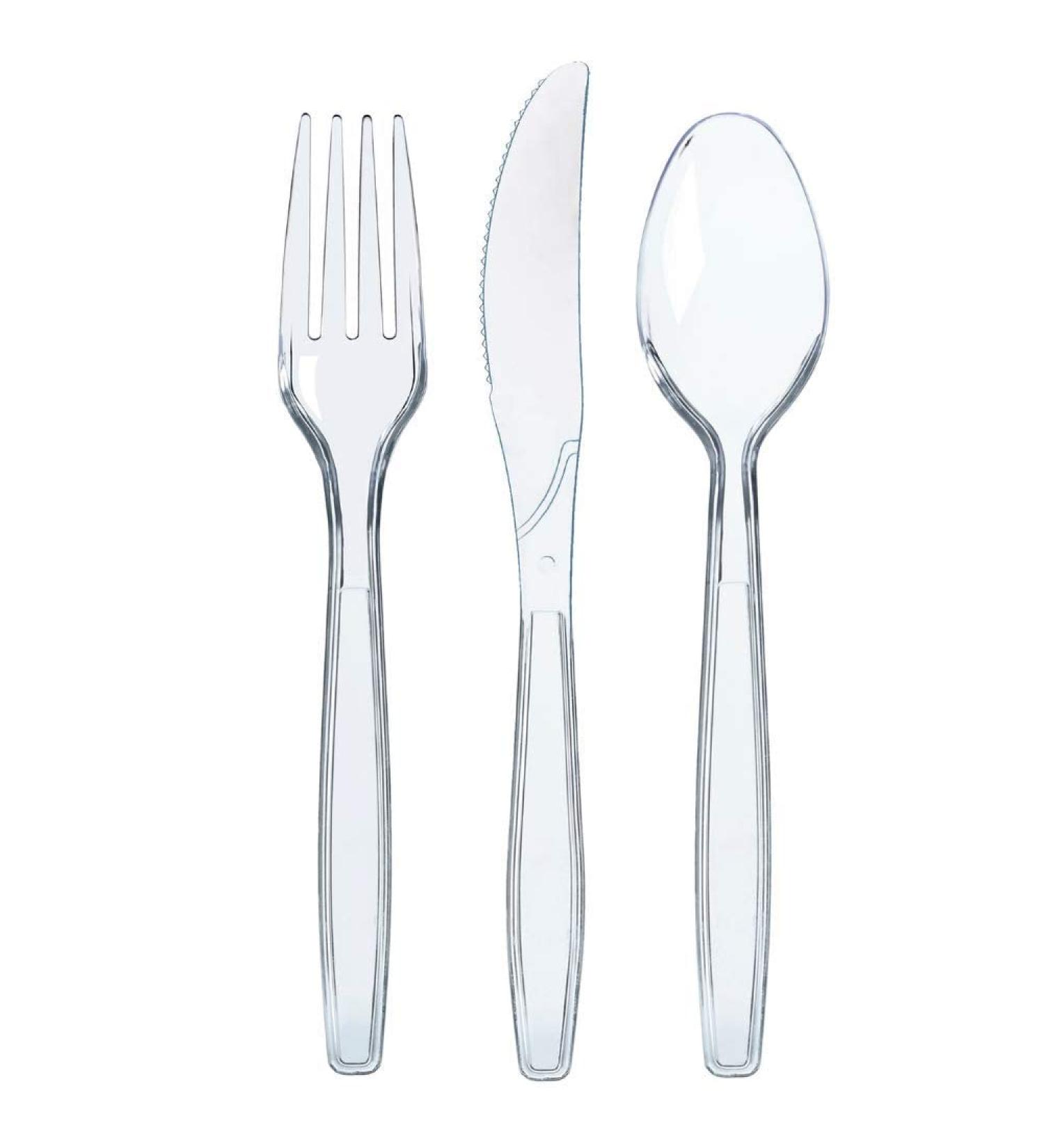 300 ct Disposable Plastic Silverware Set | Clear Cutlery Utensils | 100 Forks, 100 Spoons, 100 Knives | Heavy Duty Bulk Flatware - Ideal for Parties & Events - Buy Online on SooperMarket.com