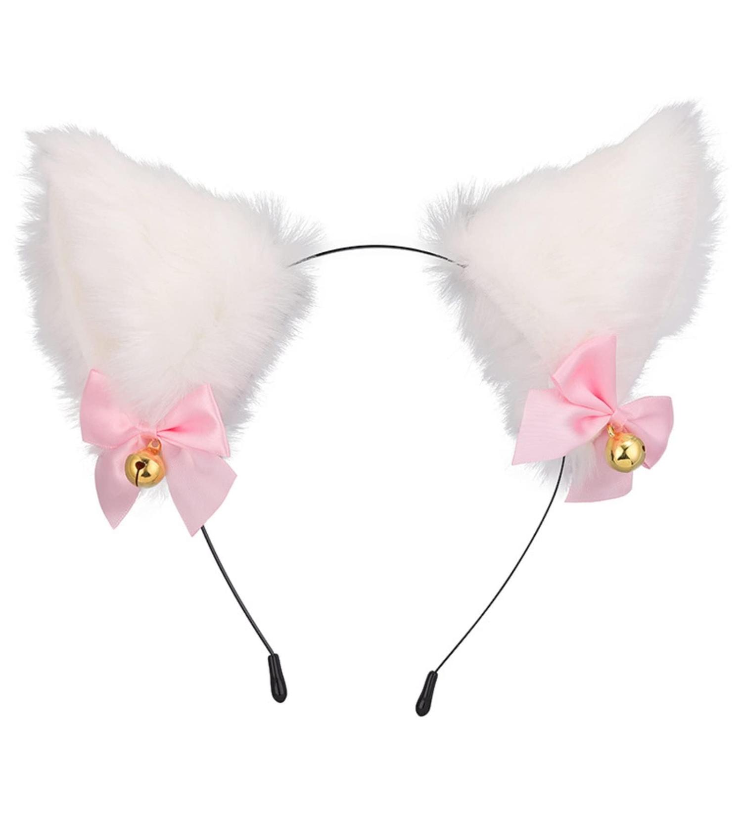 zalati Fox Ears Headband Plush Handmade Hairband Cute Style with Bowknot & Small Bells for Halloween Christmas Cosplay Party Costume Party Decor - White - Buy Online on SooperMarket.com