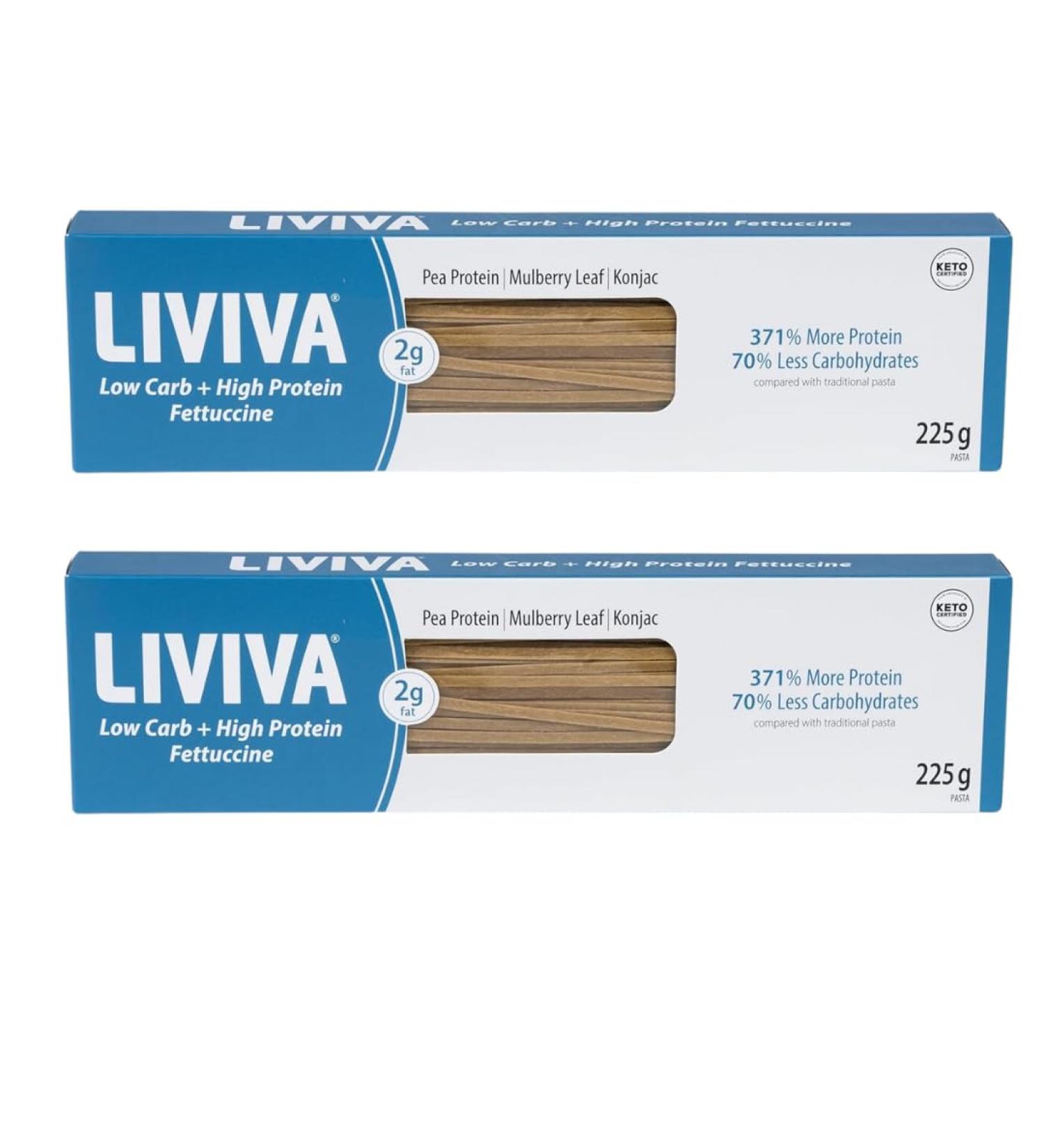 LIVIVA Low Carb High Protein KETO Fettuccine Noodle Pasta 2 Pk 135 g Protein per Box with Pea Protein & Konjac Flour - 8g Net Carbs Diabetic-Friendly - Ready to Eat in 3 4 mins - Healthy Al Dente Pasta Pack of 2 - Fettuccine 225 g (Pack of 2) - Buy Online on SooperMarket.com