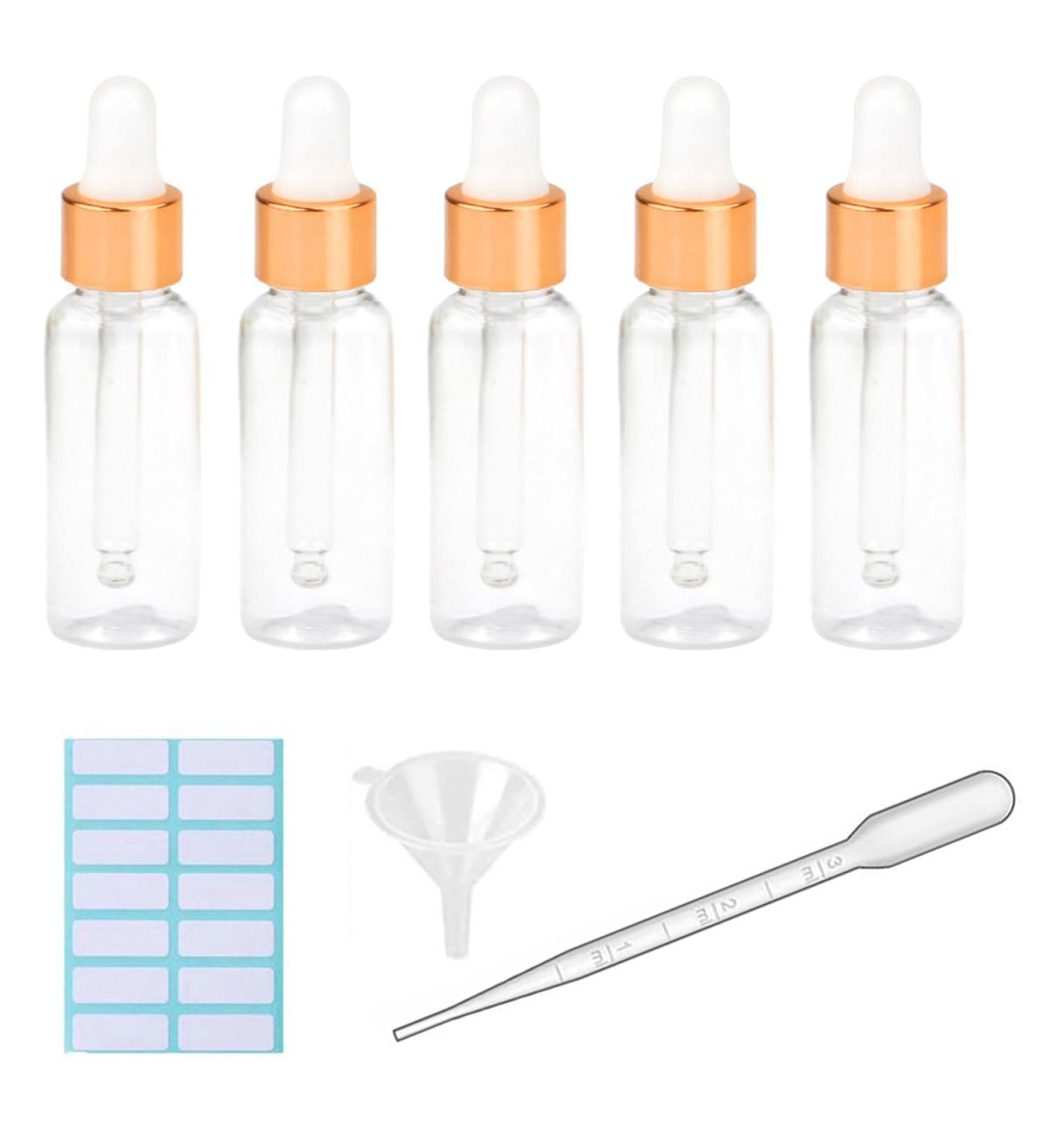 5Pcs Transparent Dropper Bottle 20ML Plastic Eye Dropper Bottles for Essential Oil Pipette Refillable - with Measured Pipette Funnel and Labels (White + Gold Cap) 20ml White + Gold Cap - Buy Online on SooperMarket.com
