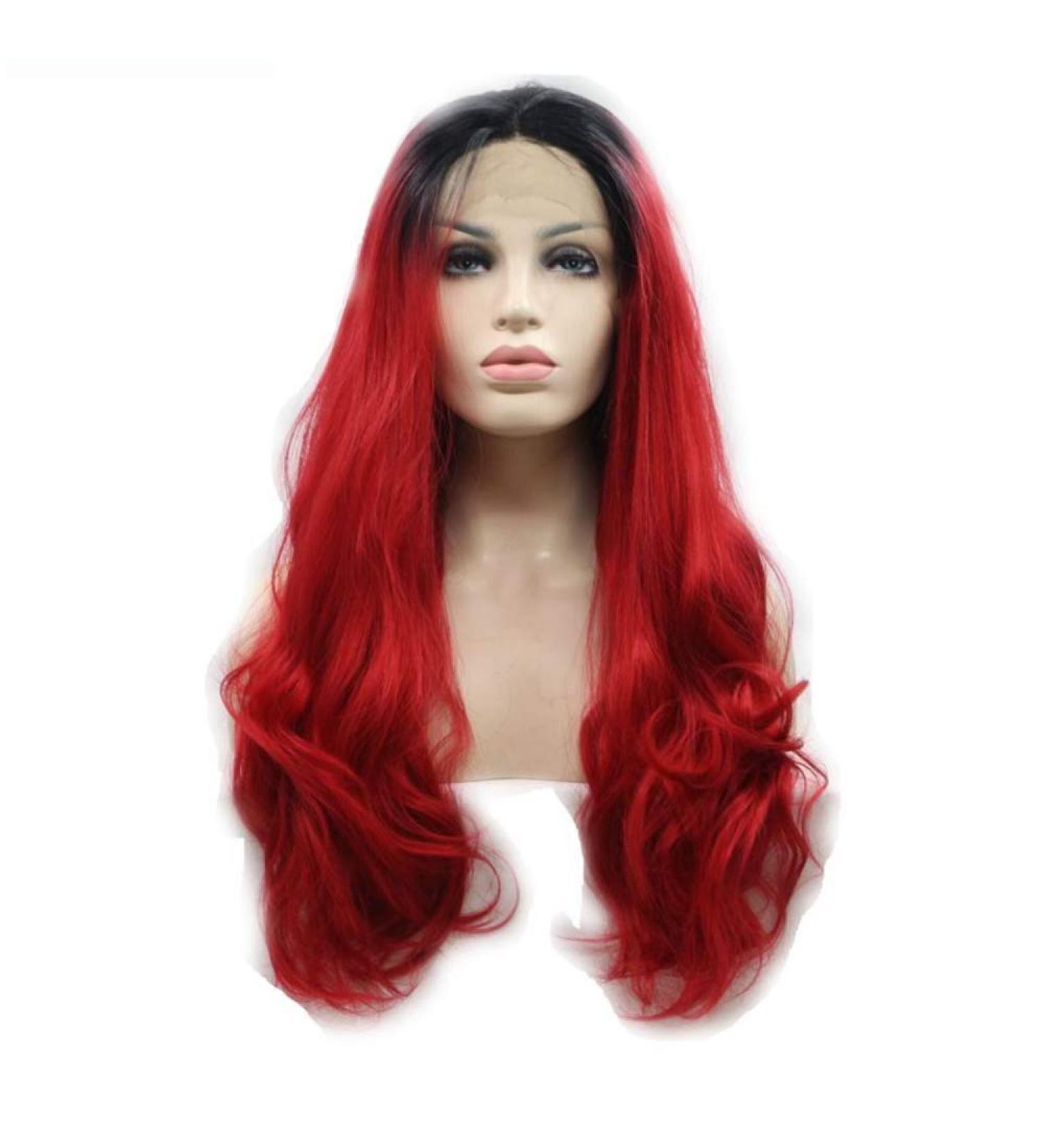 SHIYID Red Wavy Lace Front Wig with Dark Roots - Heat Resistant Synthetic Hair for Women | International Shipping Available - Buy Online on SooperMarket.com
