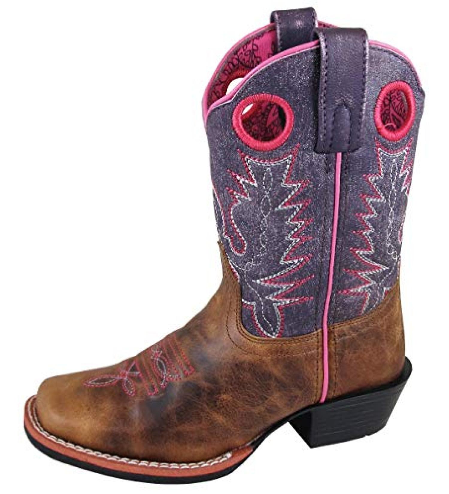 Smoky Mountain Boots | Ellie Series | Youth Western Boot | Square Toe | Genuine Leather | Rubber Sole & Walking Heel | Leather Upper & Tricot Lining Brown Waxed/Vintage Purple 2 Little Kid