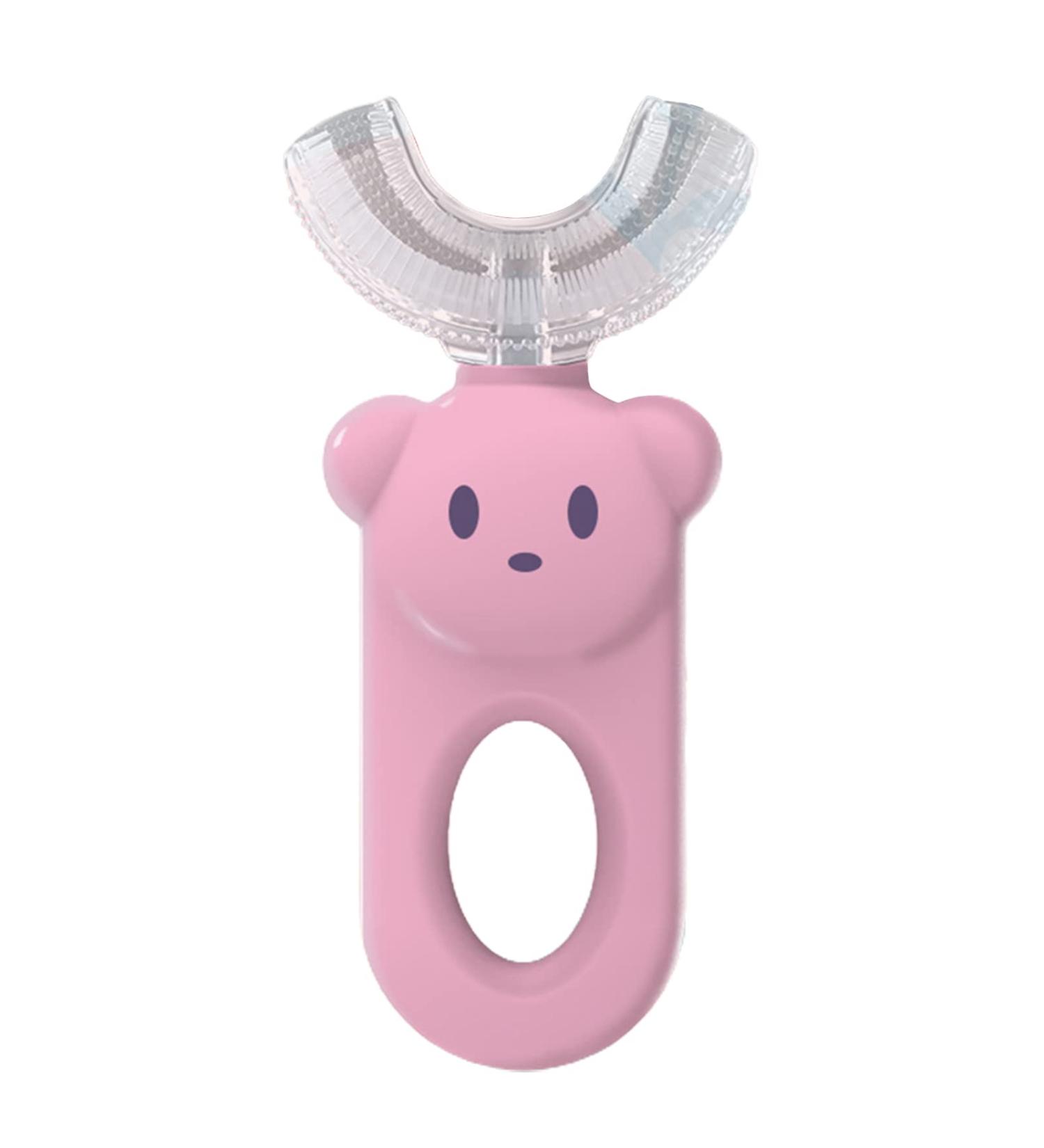 JENPECH Kids U-Shaped Toothbrush - Cartoon Bear Shape - Food Grade Soft Silicone Brush Head 360 Oral Teeth Cleaning Design for Toddlers and Children Pink - Buy Online on SooperMarket.com