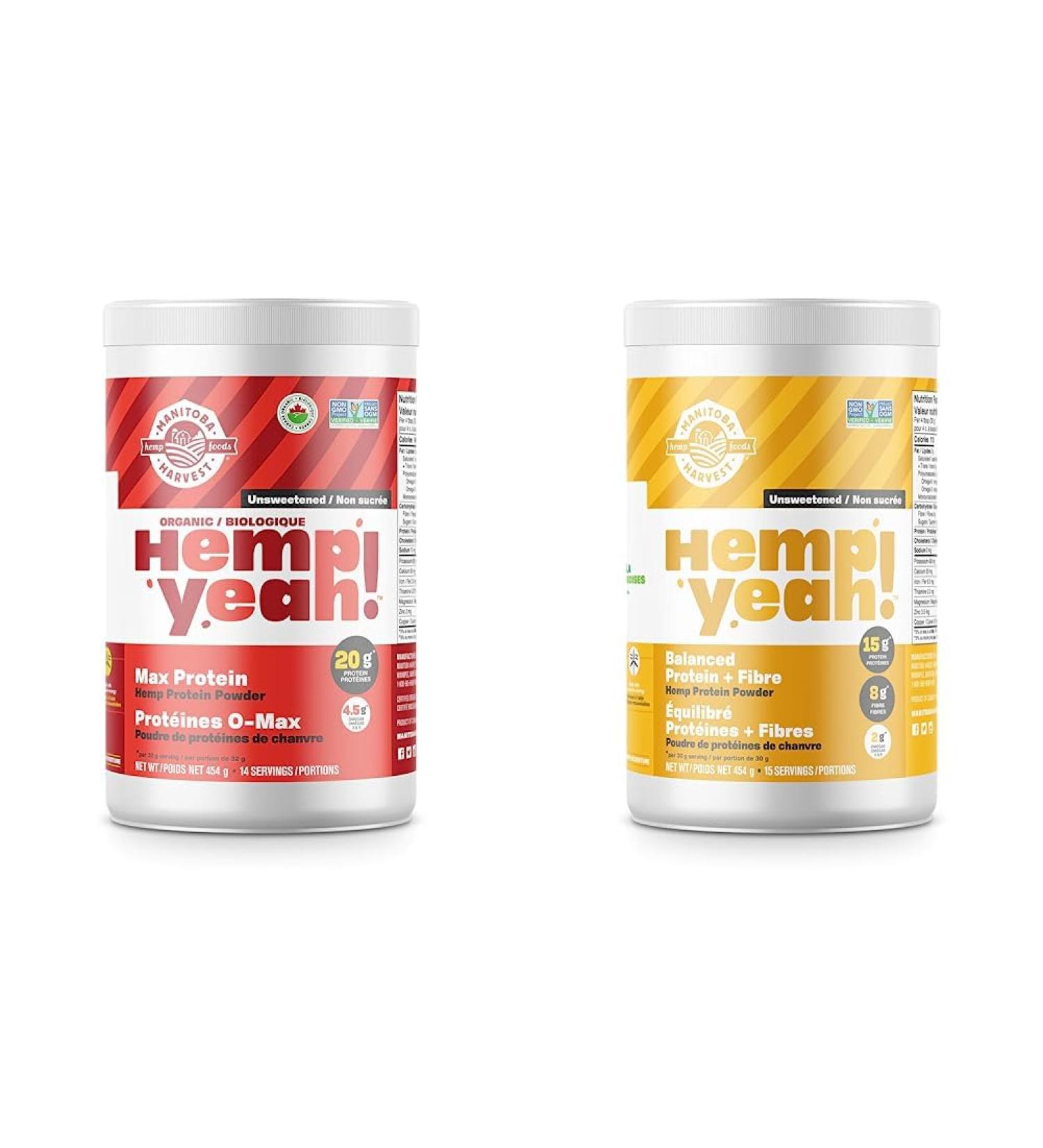 Manitoba Harvest Hemp Organic Max Protein Powder Unsweetened & Hemp Yeah Balanced Protein + Fibre Powder Unsweetened 454g with 15g protein 8g Fibre&2g Omegas 3&6 per Serving - Buy Online on SooperMarket.com
