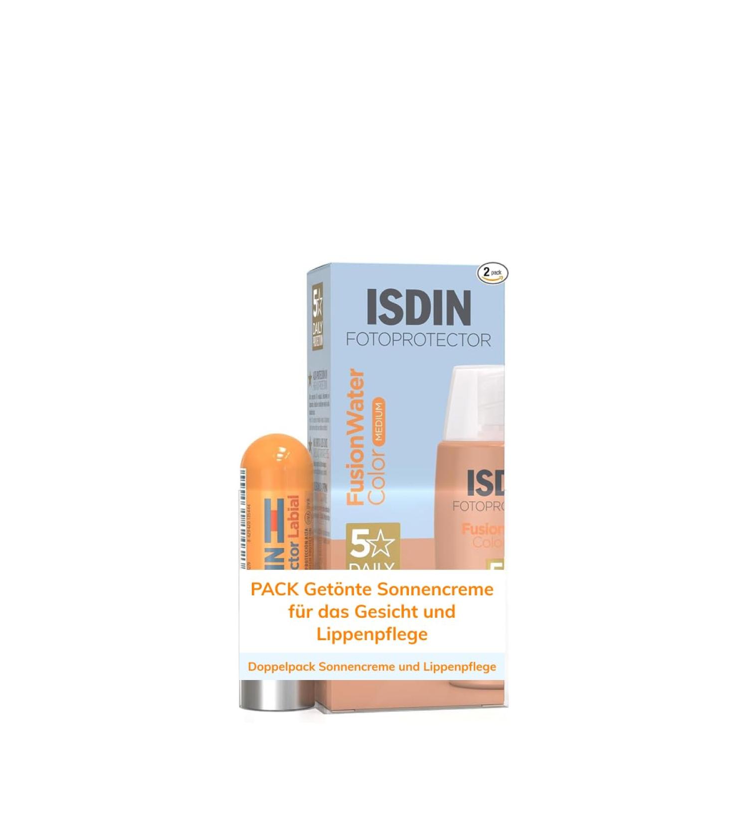 ISDIN Fusionwater Color Medium LSF 50 Pack - Ultra-Light Tinted Sunscreen & SPF 30 Lip Balm - 50ml Hydrating Protection for Your Face - Buy Online on SooperMarket.com