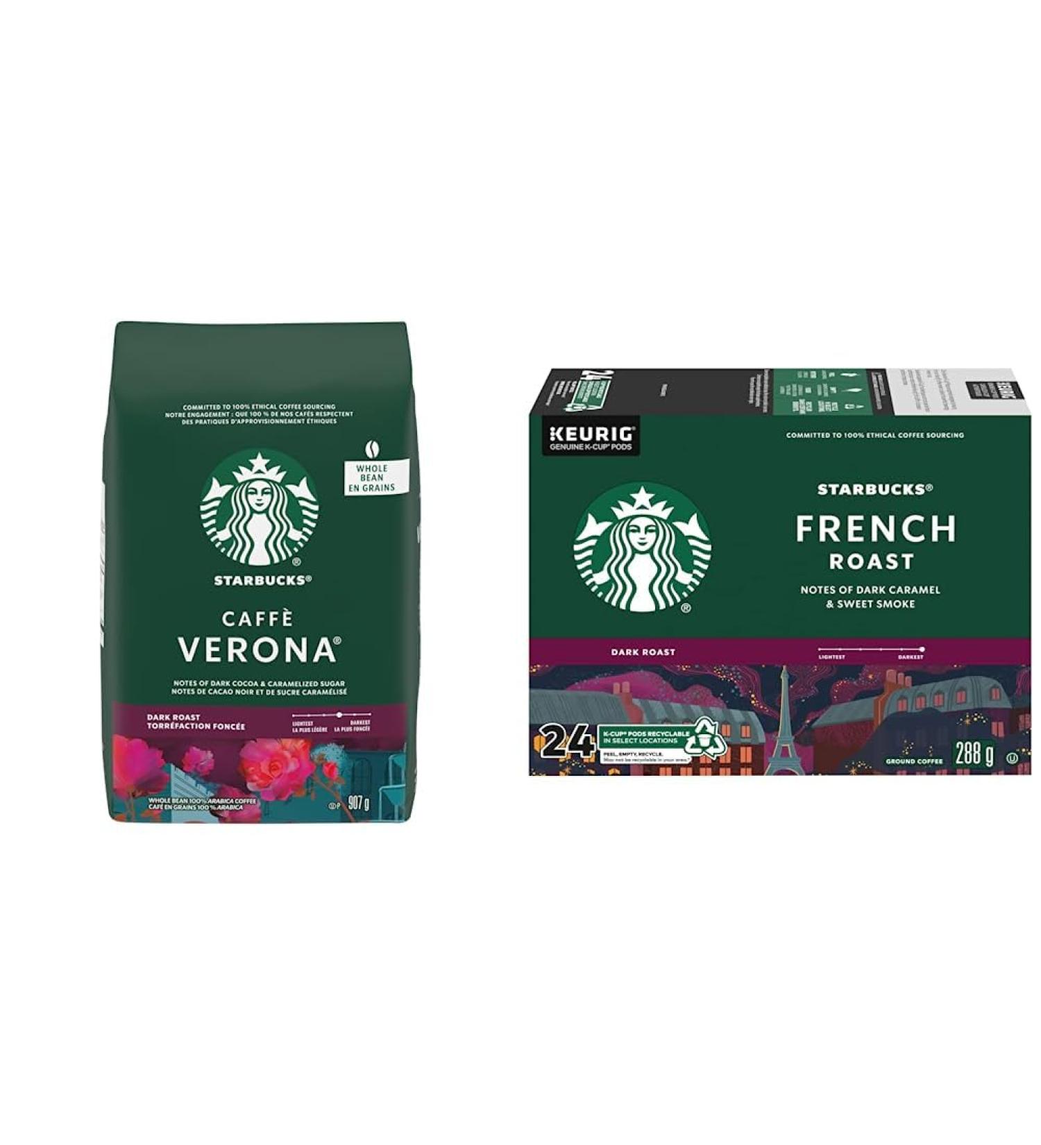 Starbucks Caffe Verona Whole Bean Dark Roast Coffee 907 gram & French Roast Dark Roast Coffee Single Serve Keurig K-Cup Pods 24 Capsules