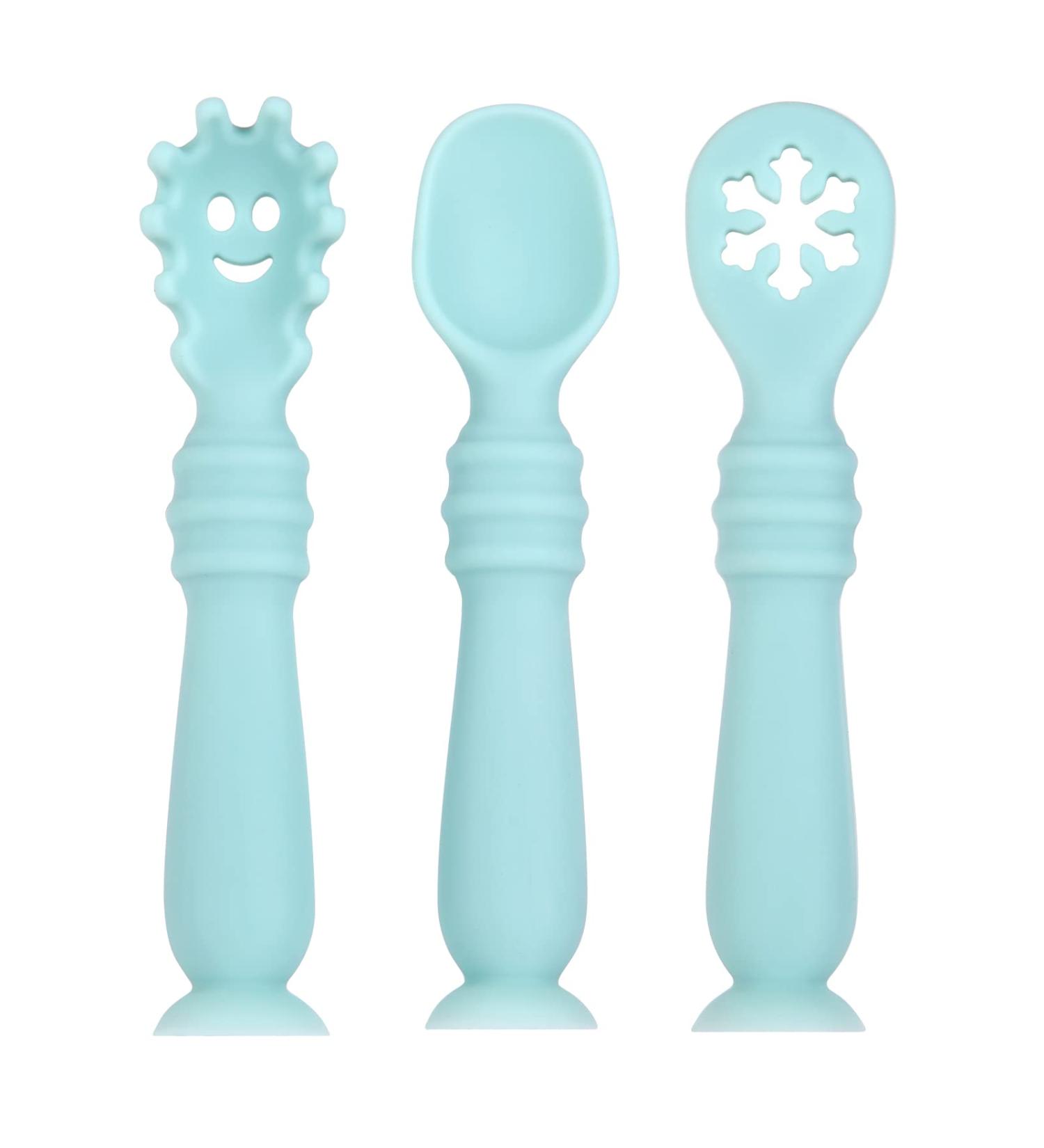 Vicloon Baby Fork and Spoon Set - Silicone Self Feeding Utensil for Infant Toddler - Easy Grip Toddler Cutlery Kit - Blue - Buy Online on SooperMarket.com