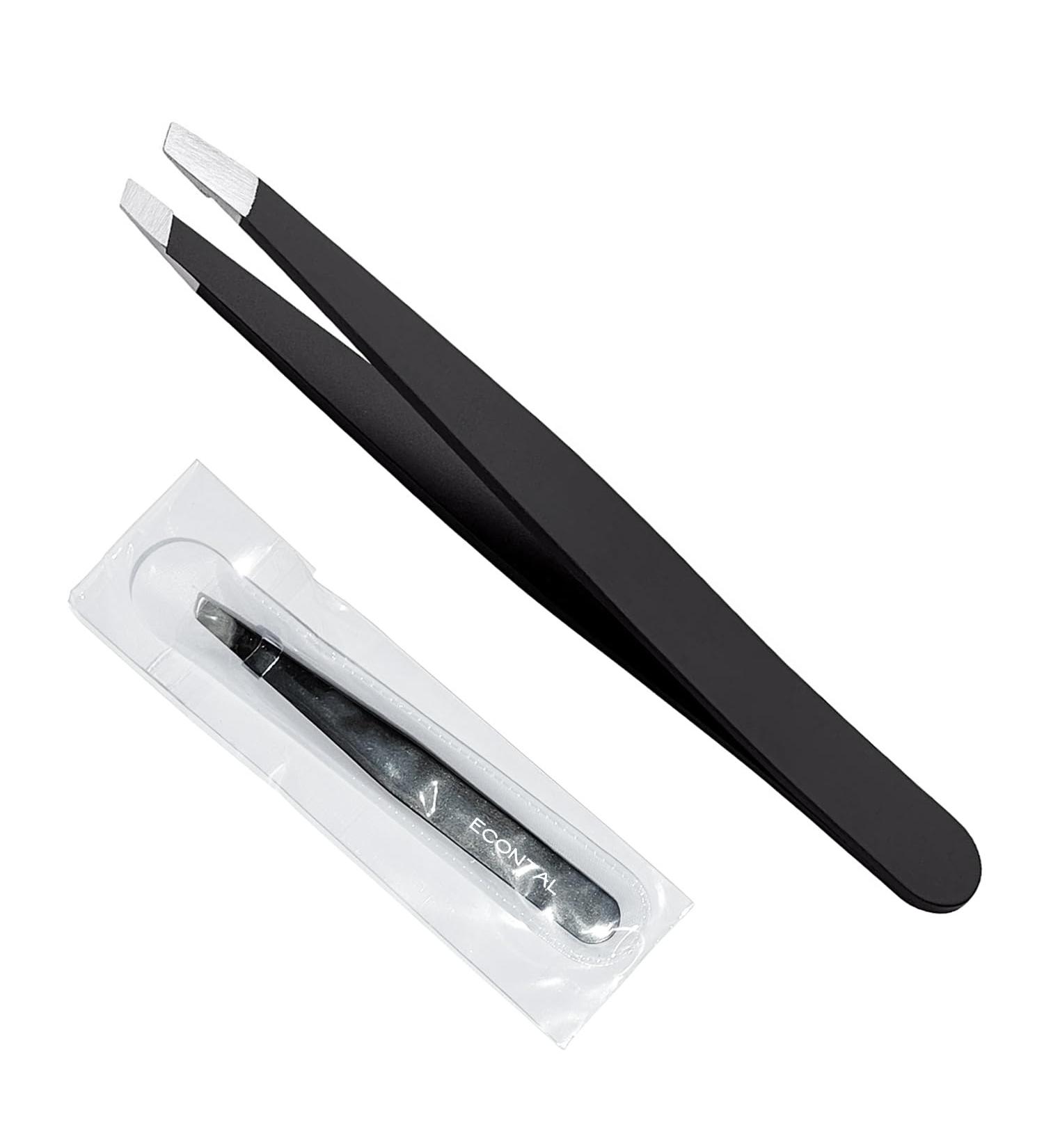 Pluck Econtal Black Tweezers with Case | Professional Sloping Eyebrow Hair Plucking Tool - Buy Online on SooperMarket.com