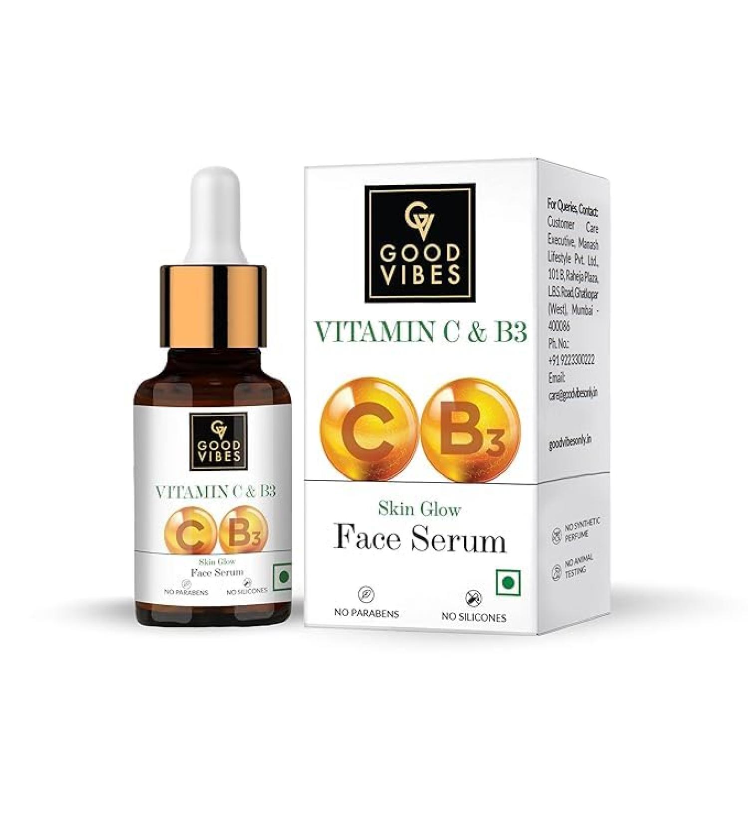 Good Vibes Vitamin C & B3 Face Serum | Hydrating Anti-Aging Solution for Acne Pores Sunburn & Wrinkles | Paraben & Sulfate-Free | 1.01 Fl Oz (30ml) - Shop Internationally - Buy Online on SooperMarket.com