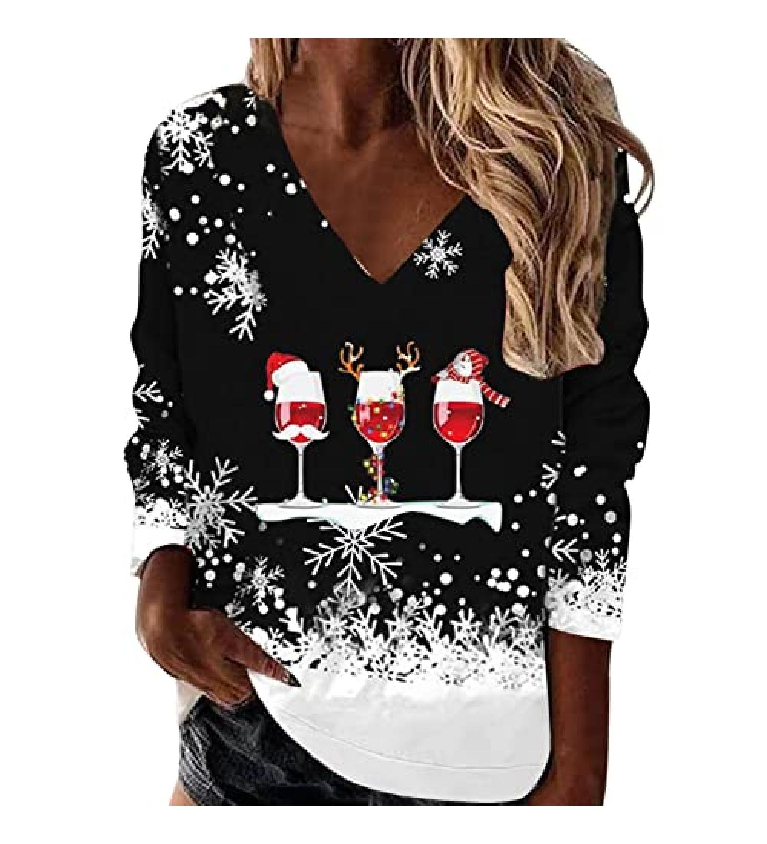 Women's Lightweight Christmas Print Sweatshirt - Loose Fit V Neck Pullover, Snowman Tree Design, Long Sleeve Top - Casual Crew Jersey - Wine (Small) - Buy Online on SooperMarket.com