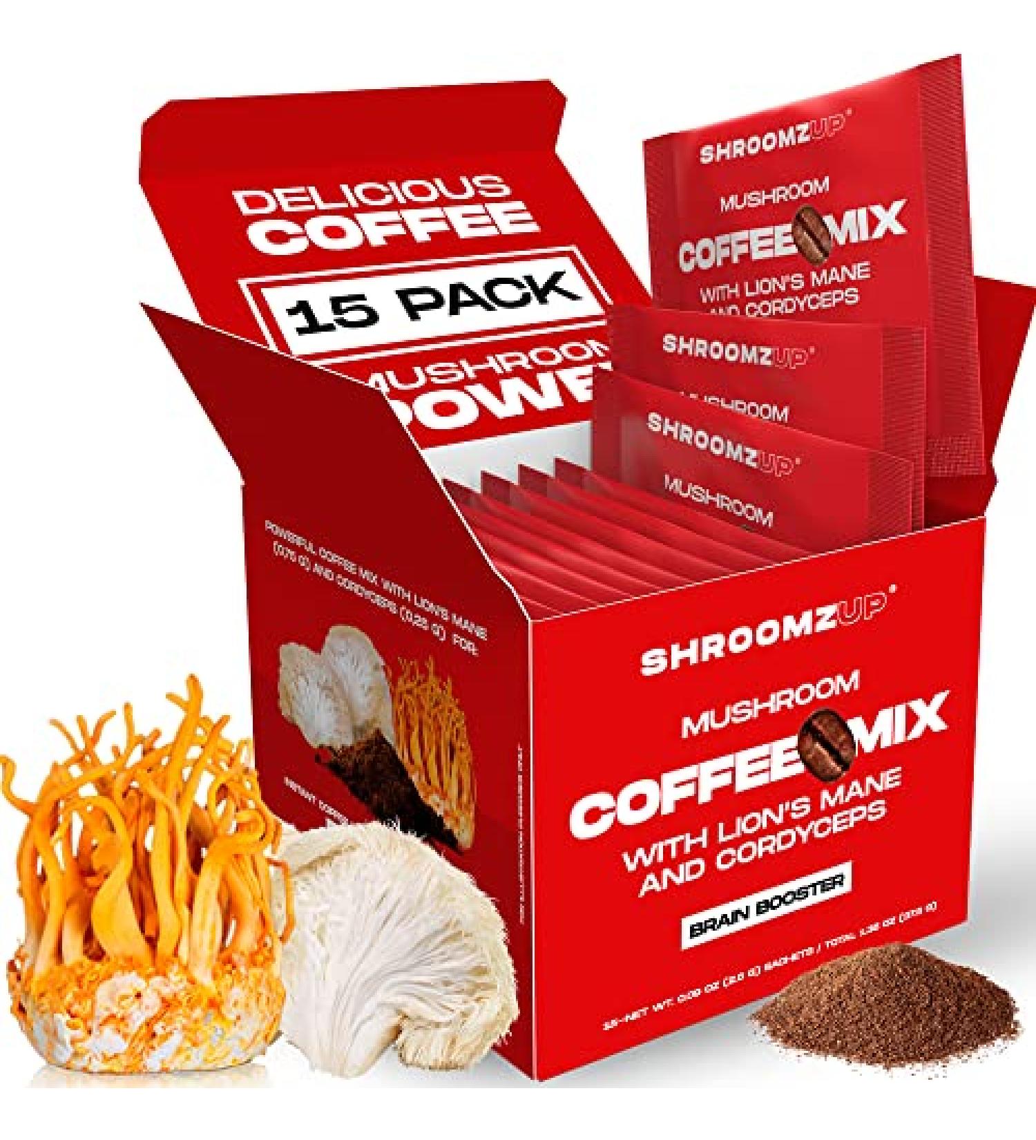 Shroomzup Mushroom Coffee Instant (15 Pack) - Lion's Mane and Cordyceps Superfood Coffee for Keto Vegan Paleo - Brain Focus & Productivity Boost - Buy Online on SooperMarket.com