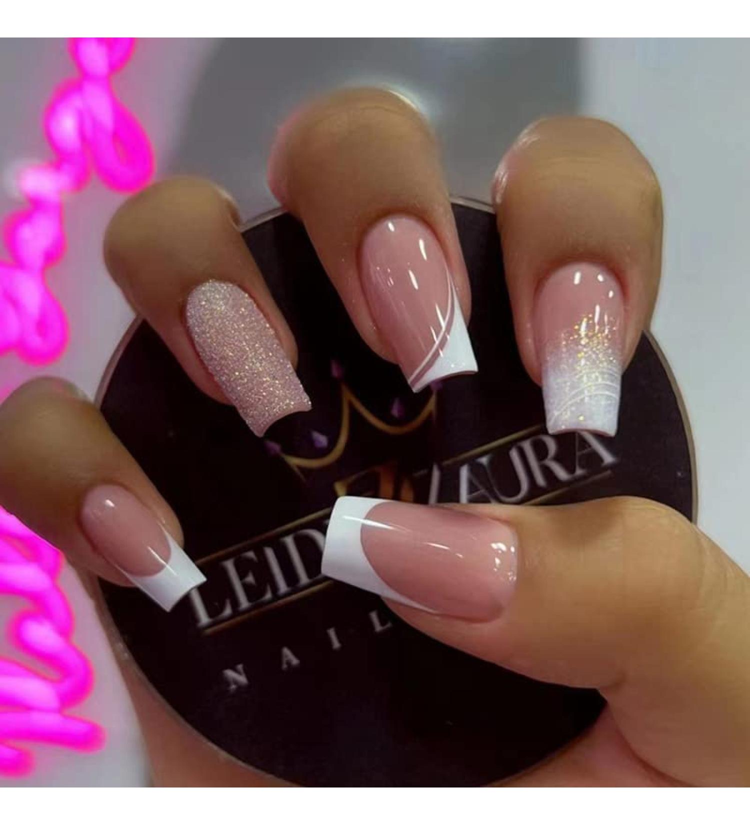 Medium French Glitter White Tip Press on Nails - 24Pcs | Glossy False Nails for Women - W325 - Buy Online on SooperMarket.com