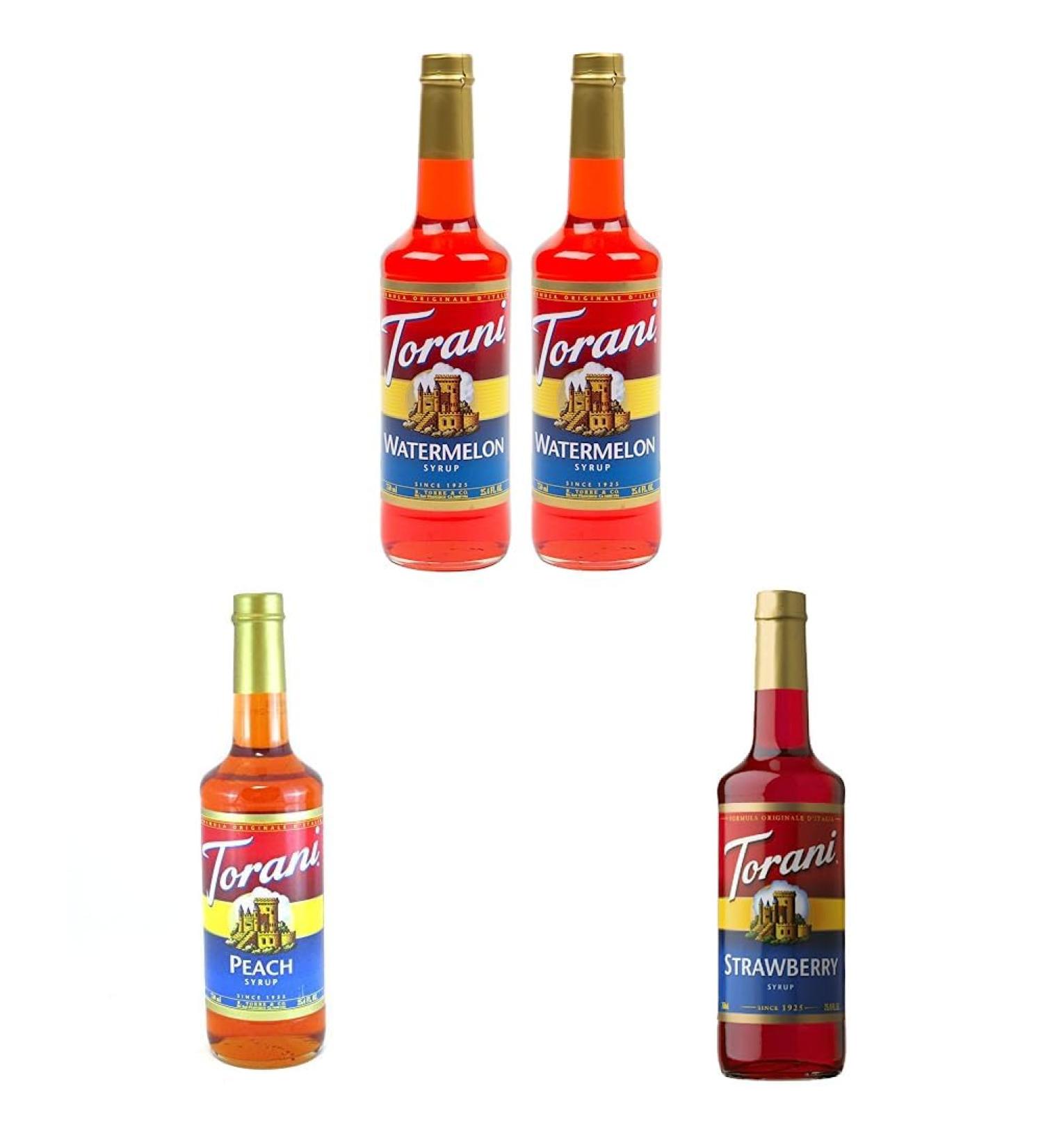Torani Watermelon Flavour Syrup 750ml bottle 2 Pack red & Torani Peach Flavor Syrup 750ml & Torani C-34016 Syrup Strawberry 750 Milliliter (Pack of 1) Syrup+ Peach Syrup+ Syrup Strawberry - Buy Online on SooperMarket.com