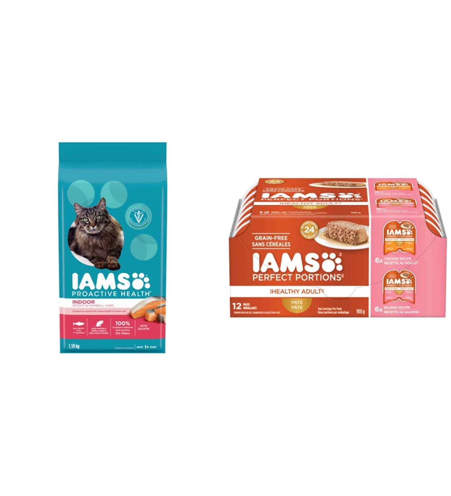 IAMS Proactive Health Dry Cat Food Adult Indoor Weight & Hairball Care + IAMS Perfect Portions Healthy Wet Cat Food Adult Grain Free Pat 1.59 kg (Pack of 1) Cat Food + Cat Food 75g - Buy Online on SooperMarket.com