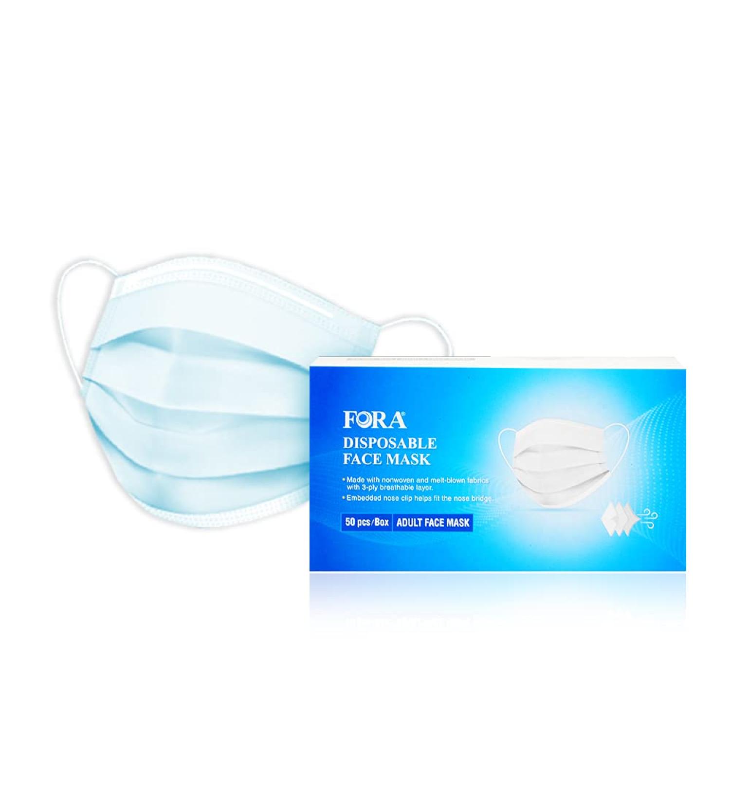 FORA Disposable Face Masks - Soft, Breathable 3-ply Protective PPE Masks for Adults - Nose Clip & Elastic Earloop - 50pcs - Buy Online on SooperMarket.com