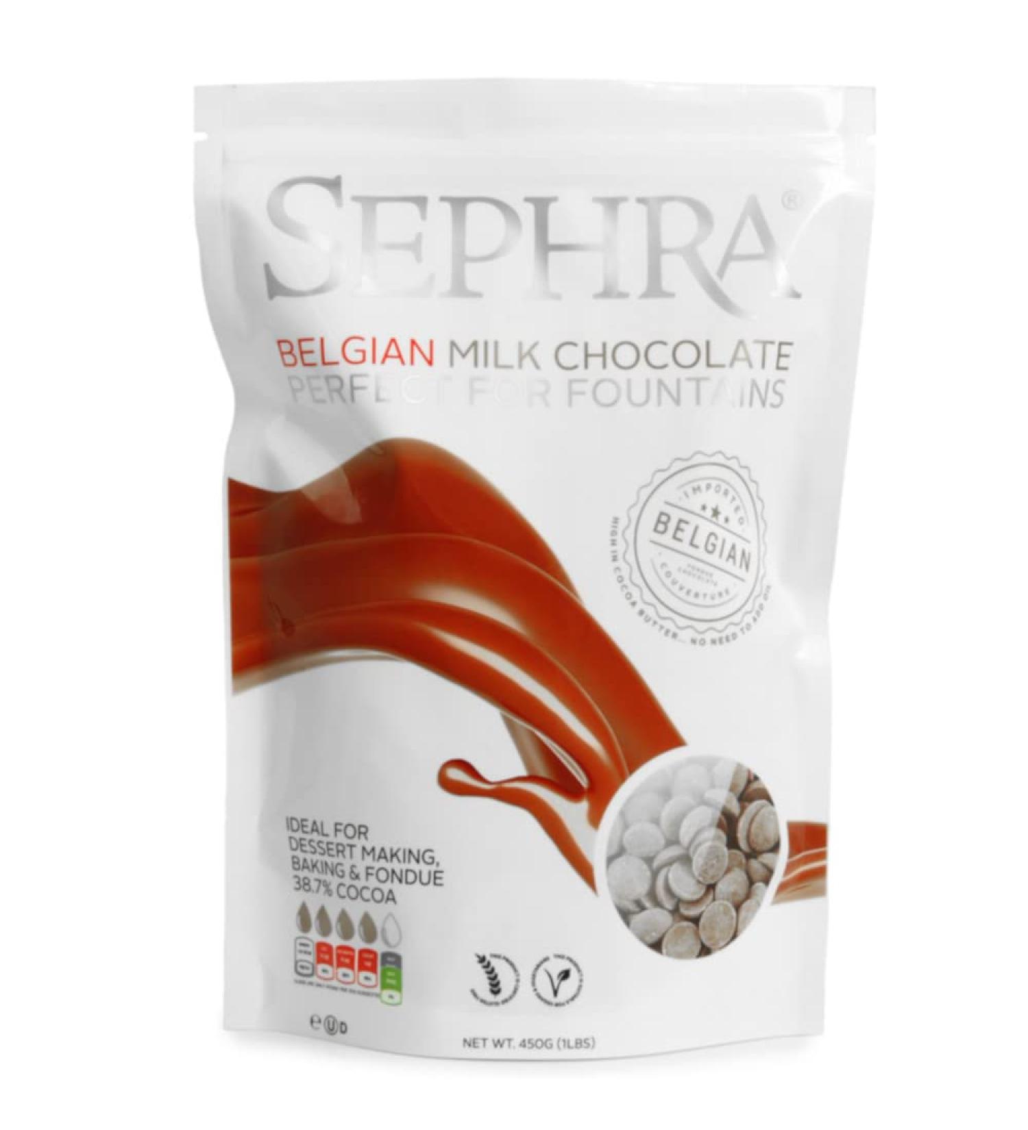 Sephra Giles & Posner 450g Belgian Milk Couverture Chocolate Callets - Perfect for Fountains, Melting, Baking, and Fondue - Gluten Free and Halal - 1 Pack - Buy Online on SooperMarket.com