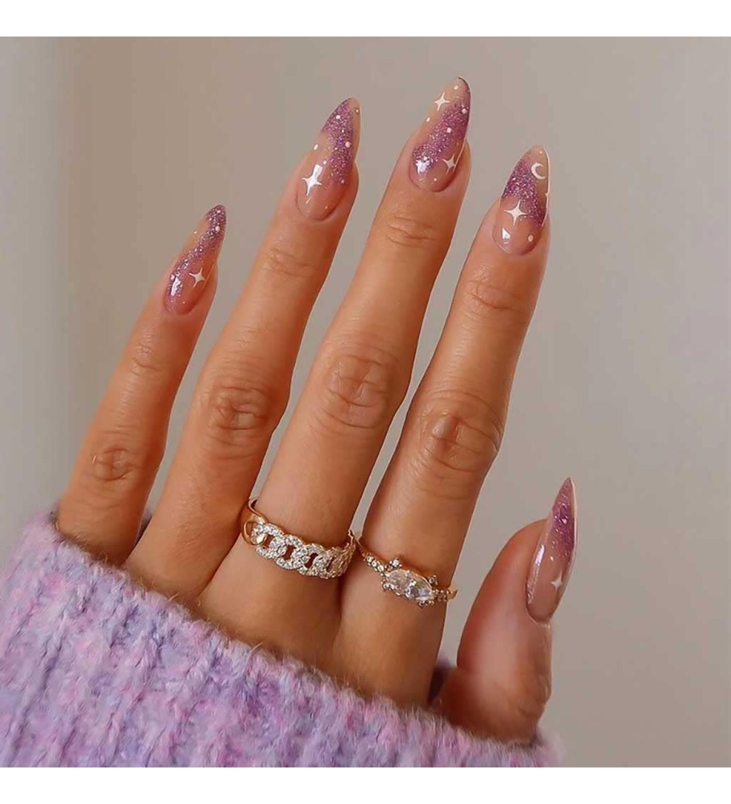 RikView French Tip Medium Acrylic Almond Nail Set - 24 PC Nude & Purple Stick-On Nails - Buy Online on SooperMarket.com