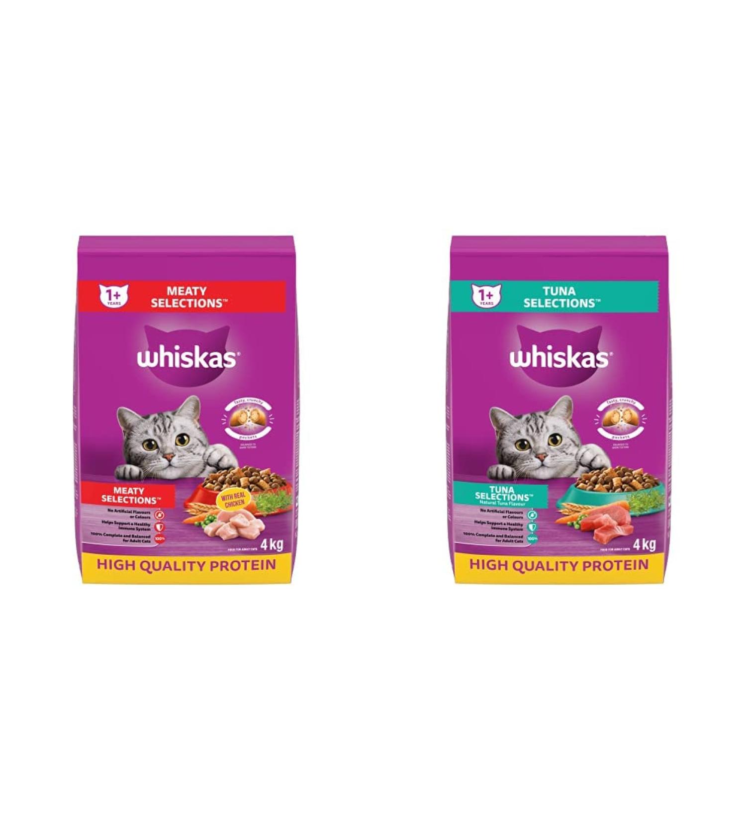 WHISKAS Meaty Selections Dry Cat Food with Real Chicken 4kg Bag & Dry Cat Food with Real Tuna 4 kg Bag - Buy Online on SooperMarket.com