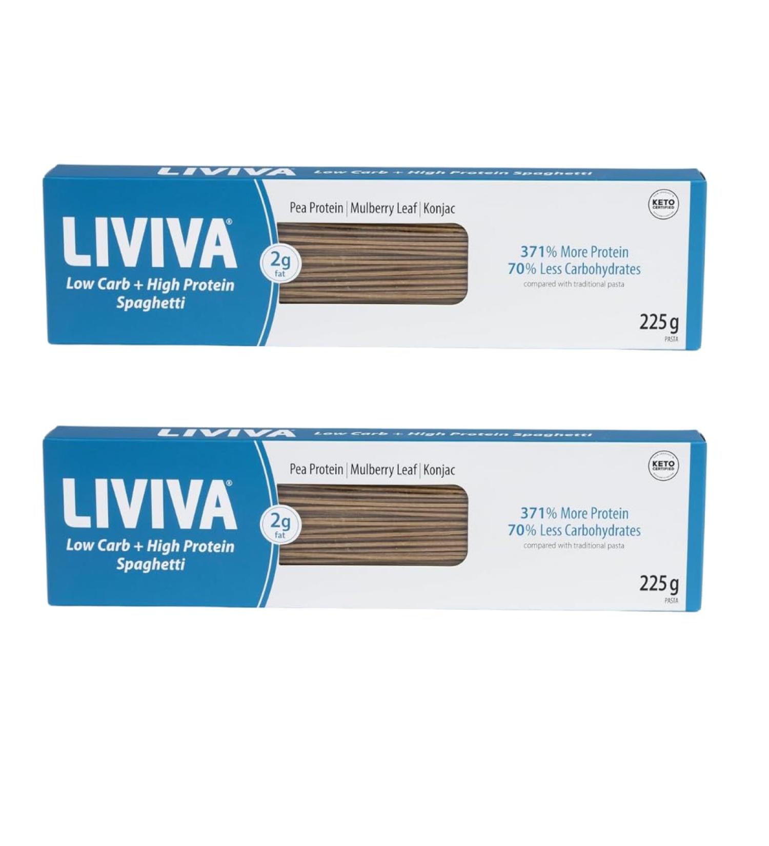 LIVIVA Low Carb High Protein KETO Spaghetti Pasta - 27g of Protein 8g Net Carbs Diabetic-Friendly - Made with Pea Protein Mulberry Leaf and Konjac (Pack of 2) 225g (Pack of 2) - Buy Online on SooperMarket.com