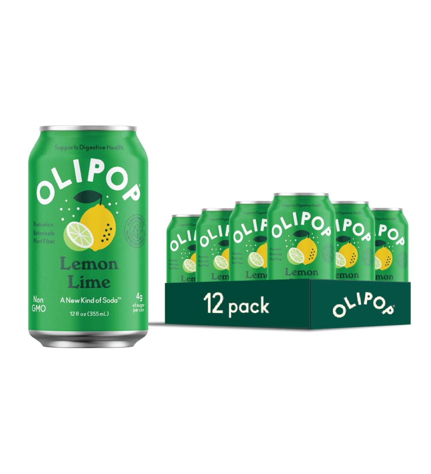 OLIPOP Lemon Lime Sparkling Tonic | Prebiotic Soft Drink with 9g Plant Fiber | Botanical-Rich & Low-Calorie | 4g Sugar per Can | Caffeine-Free & Vegan | Non-GMO | 12oz 12-Pack - Buy Online on SooperMarket.com