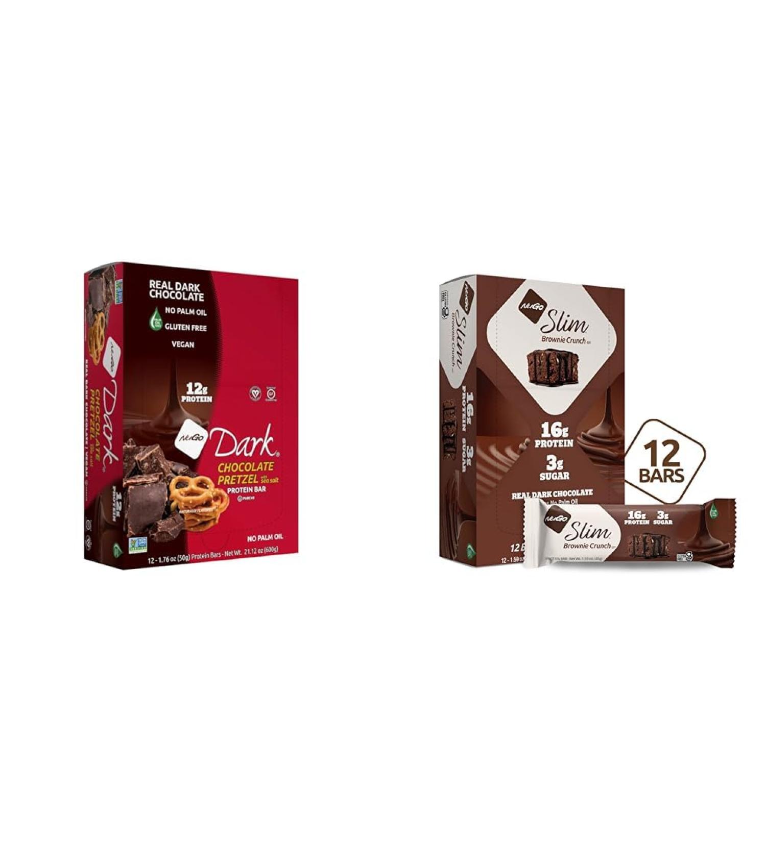 NuGo Dark Chocolate Pretzel 12g Vegan Protein 200 Calories Gluten Free 12 Count & Slim Dark Chocolate Brownie Crunch 16g Protein - Buy Online on SooperMarket.com