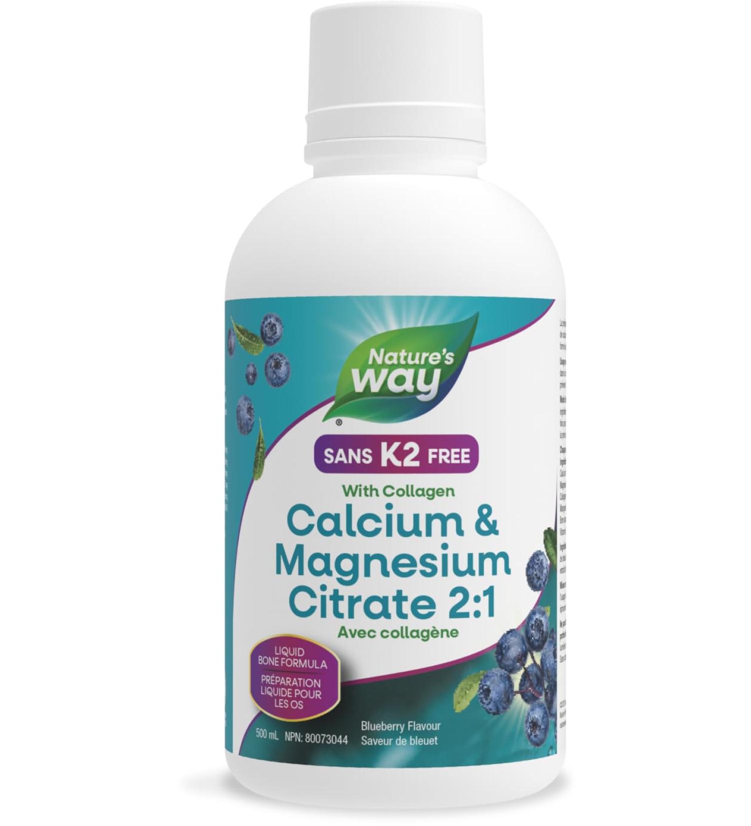 Nature's Way Calcium and Magnesium Citrate 2:1 - Liquid Supplement with Vitamin D3 and Collagen Helps Support the Maintenance of Bones and Teeth No Vitamin K2 - Blueberry Flavour 500 mL - Buy Online on SooperMarket.com