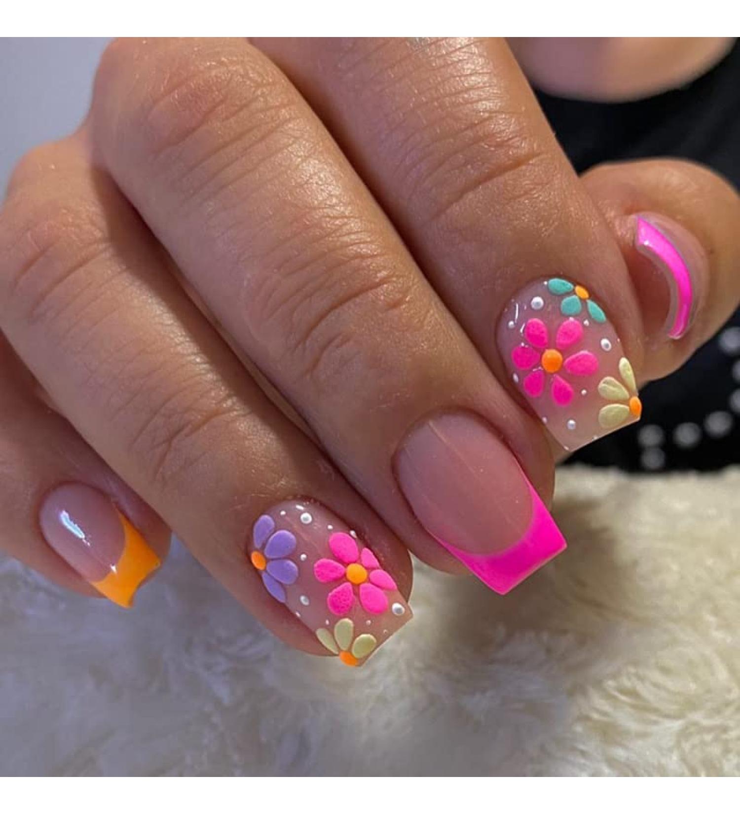 Diduikalor 24Pcs Flower Design Short Square Press on Nails - Cute Acrylic Stick on False Nails for Women - Buy Online on SooperMarket.com