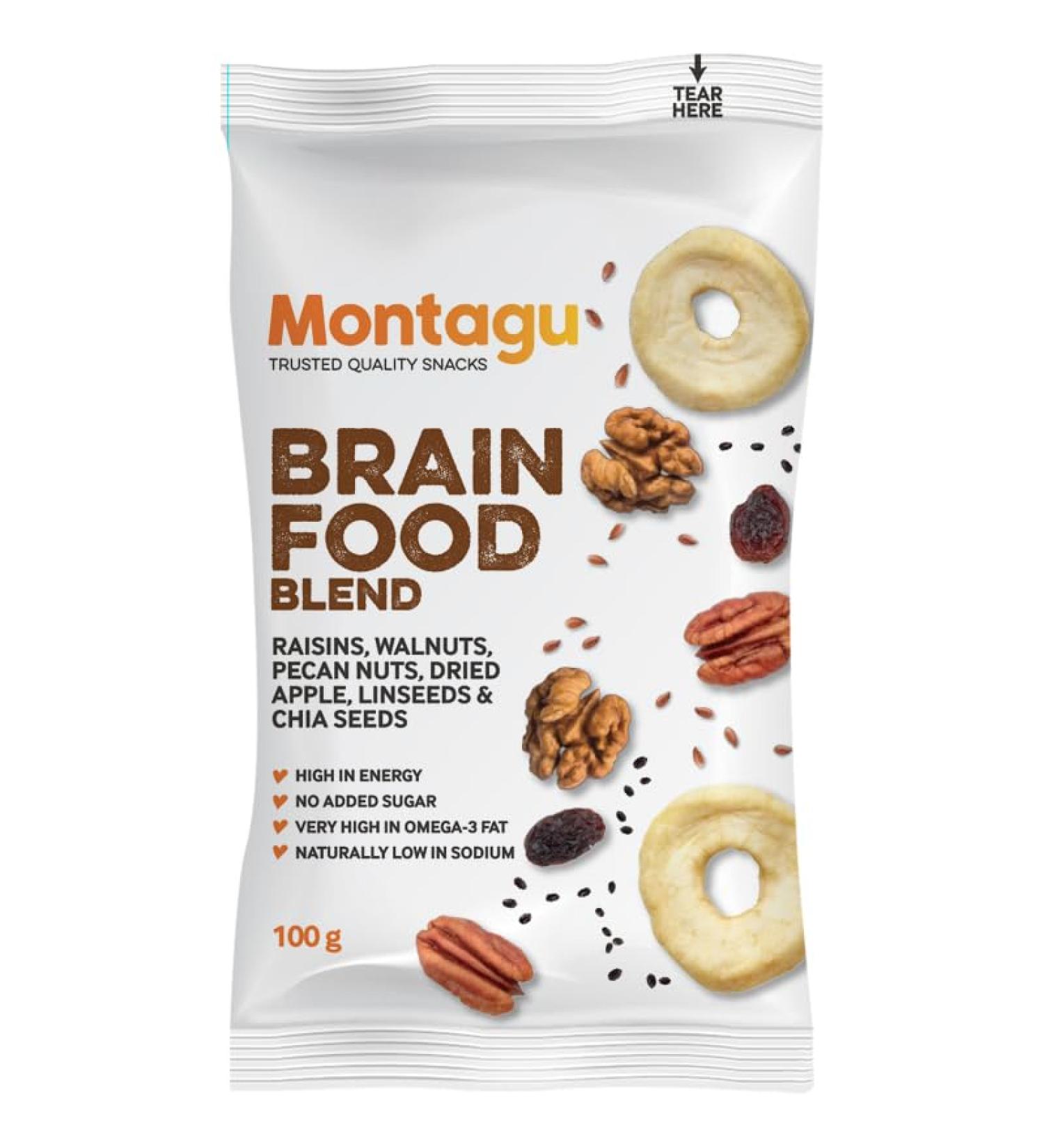 Montagu 10x Brain Food Trail Mix with Raisins Walnuts Pecans Apple Flax and Chia Seeds High in Omega-3 and Fiber Cholesterol-Free Low Sodium 100g Per Pack - Buy Online on SooperMarket.com