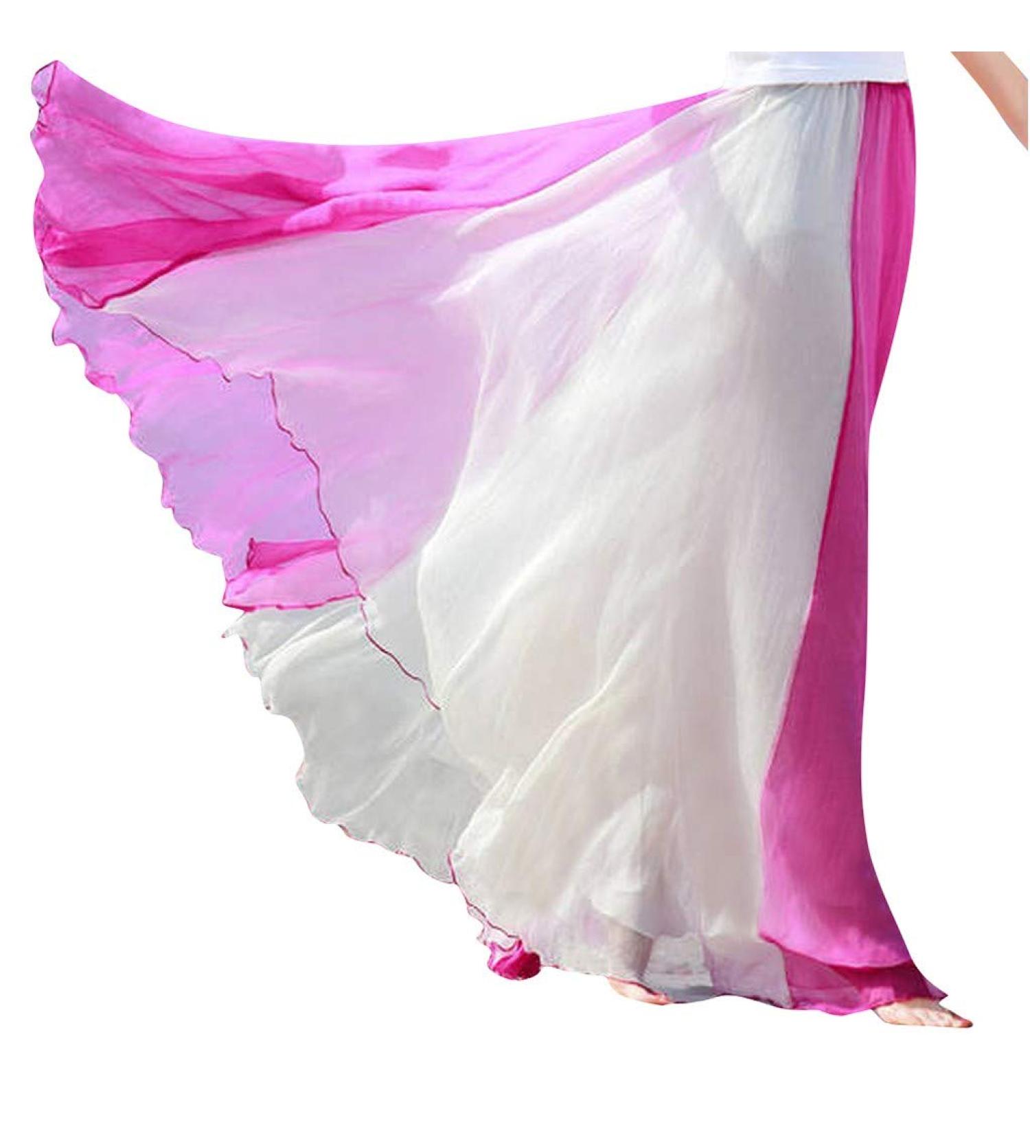 Sanahy Women's Gradient Chiffon Maxi Skirt - Hot Pink | Full/Ankle Length, Elastic Pleated Retro Style - Buy Online on SooperMarket.com