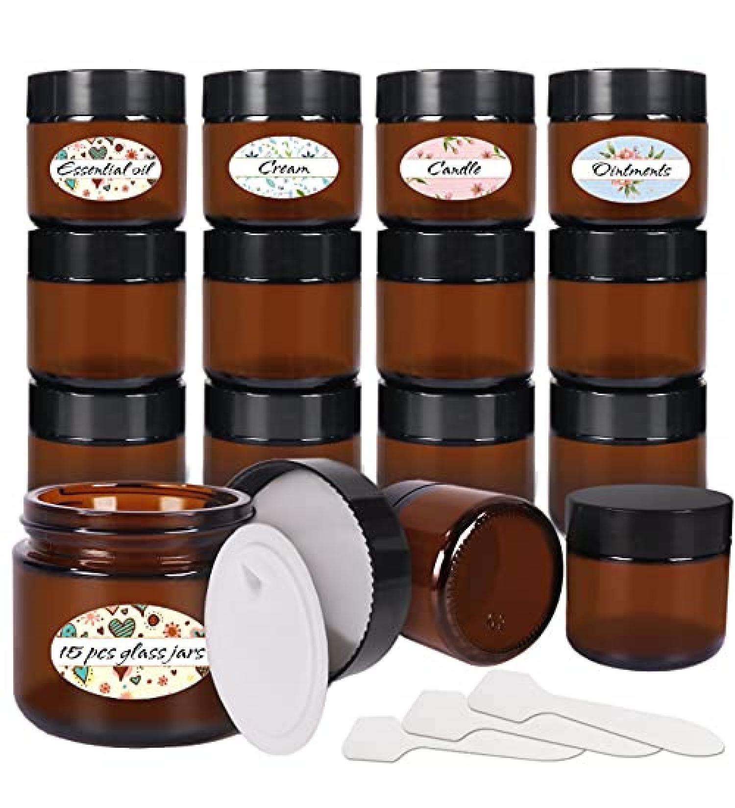 2 oz Amber Glass Jars 15 Pack - Refillable Cosmetic Containers with Inner Liners and Black Lids for Lotion, Ointments, Makeup, Slime, and Travel - Buy Online on SooperMarket.com